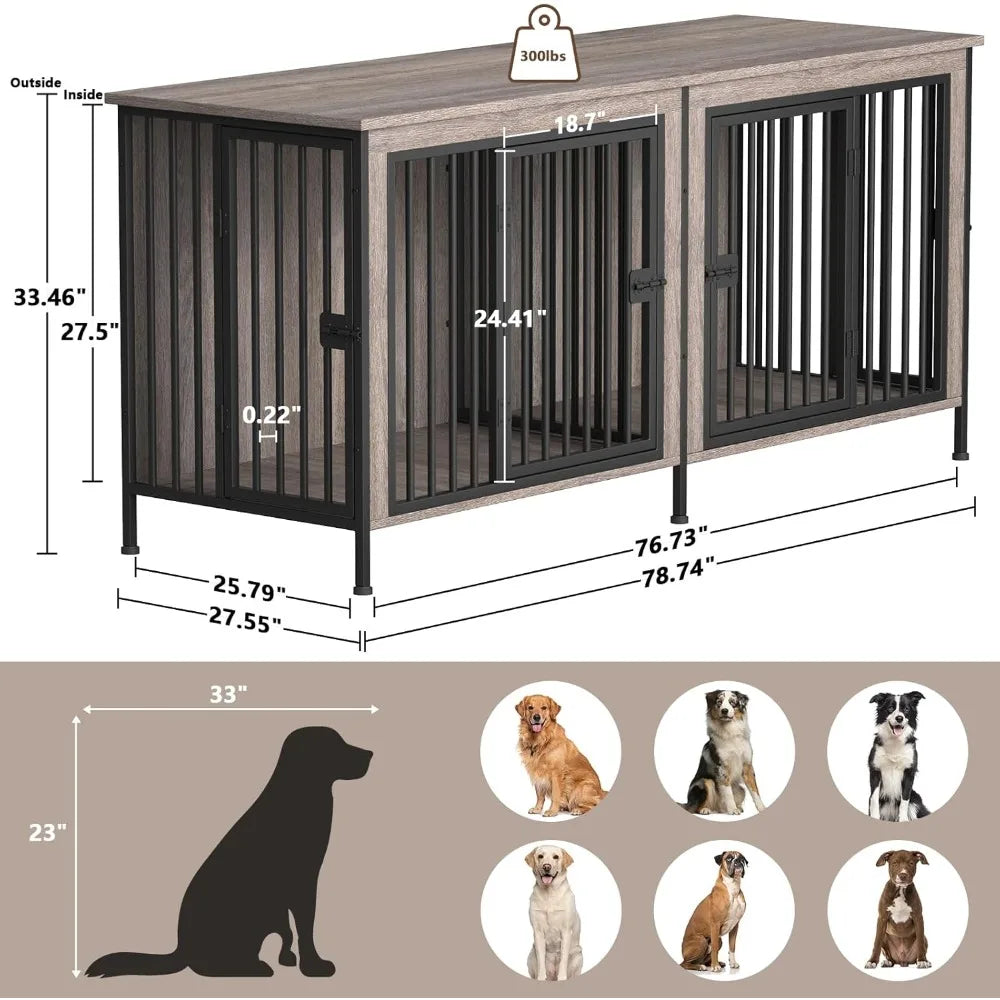 78 Inch Dog Cage Furniture for 2 Pets with Divider, XXL Wooden Double Dog Crate Furniture TV Stand for Mideum and Large Breed,