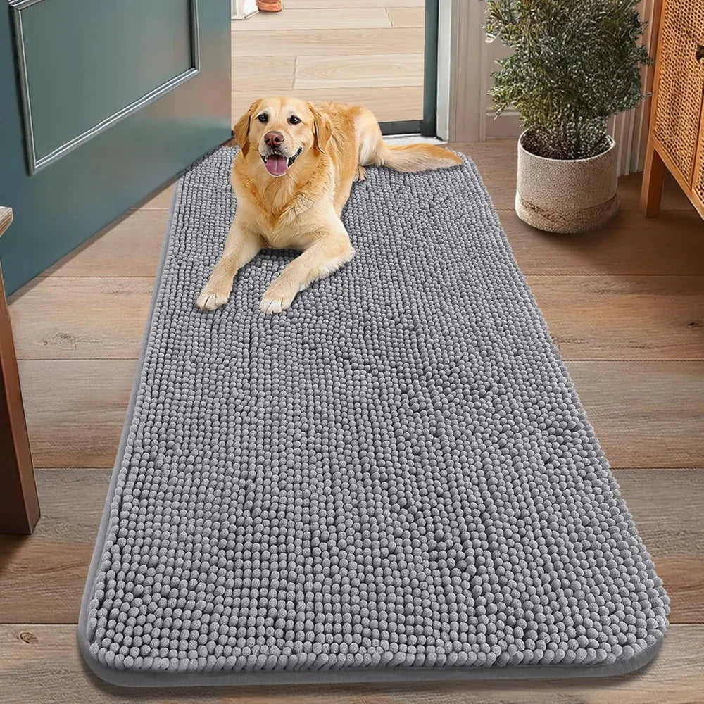 Absorbent Non-Slip Dog Door Mat for Muddy Paws, Quick Dry Washable Chenille Indoor Entryway Carpet, Grey 48x30