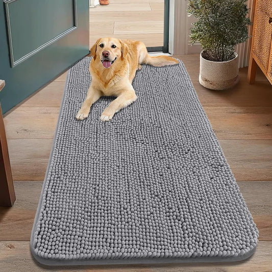 Absorbent Non-Slip Dog Door Mat for Muddy Paws, Quick Dry Washable Chenille Indoor Entryway Carpet, Grey 48x30