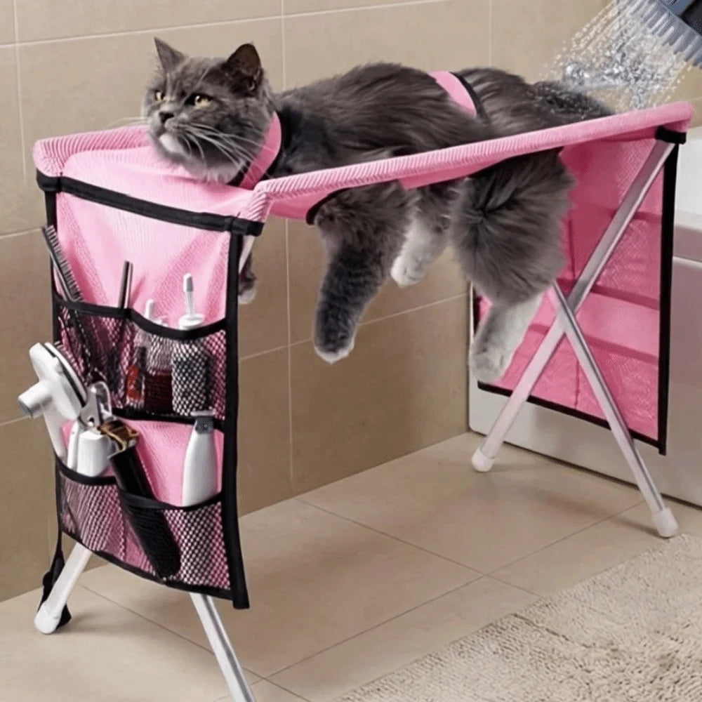Folding Pet Grooming Hammock Anti-Scratch with Support Frame Pet Washing Station Sturdy Detachable Dog Grooming Table