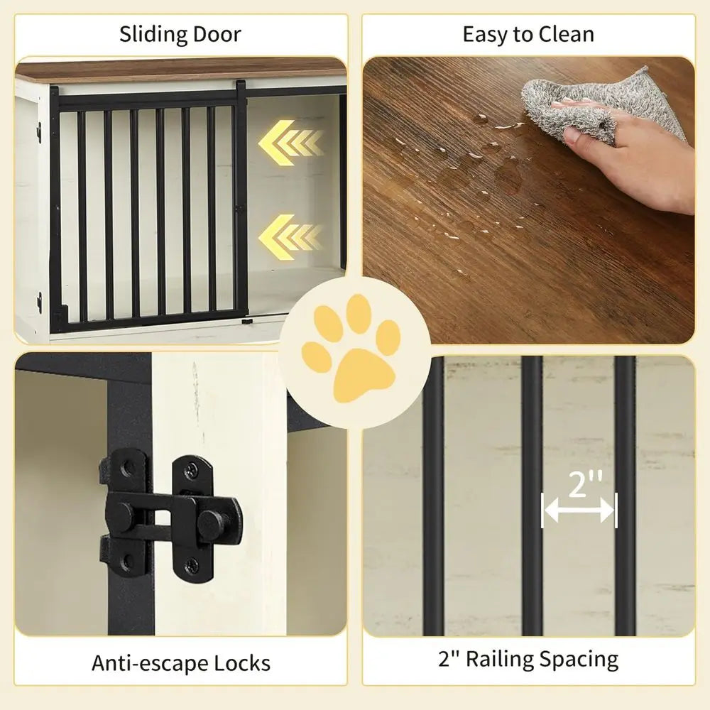 Heavy Duty Wooden Double Dog Cage with Divider, Large Pet Kennel, Barn Door, Suitable for Medium to Small Dogs, White/Brown