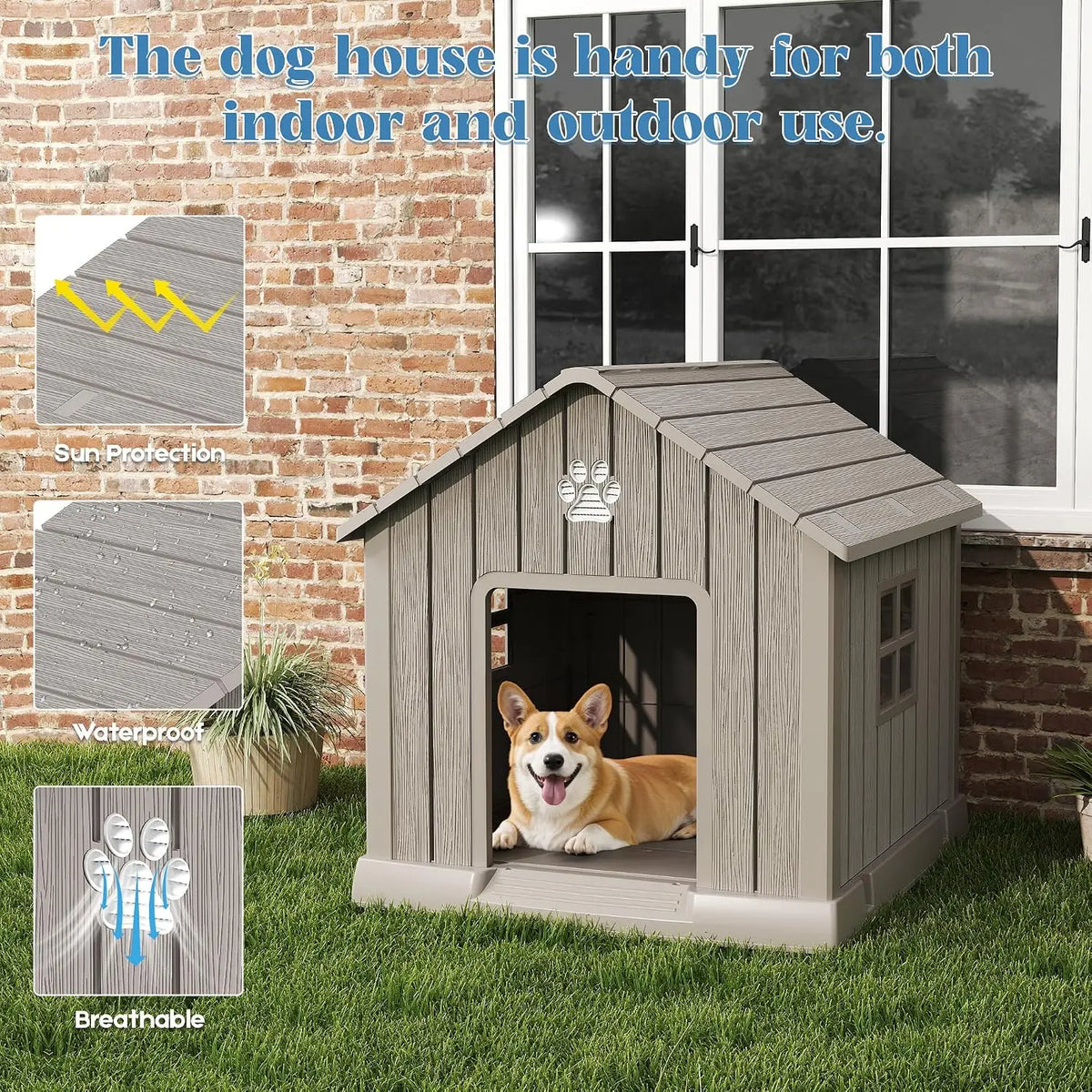 Dog House with Window, Waterproof, Elevated Floor, Easy to Clean, for Small Medium Dogs, Grey