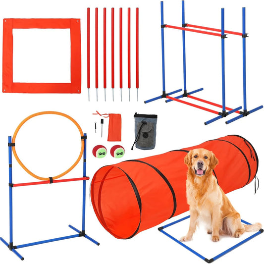 87 Pcs Dog Agile Training Equipment Set Obstacle Course Kit with 70" Tunnel Tire Jump Hurdle Jump Weave Poles for Outdoor Game
