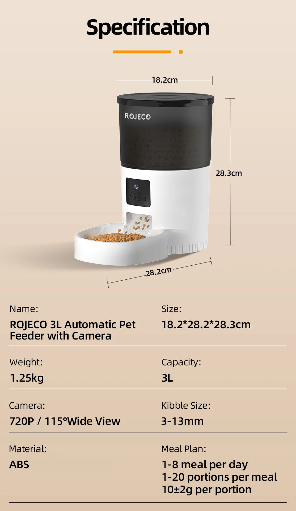 ROJECO 3L Automatic Dog Feeder With Camera Smart Pet Food Dispenser For Dogs WIFI Remote Food Feeding with Stainless Steel Bowl