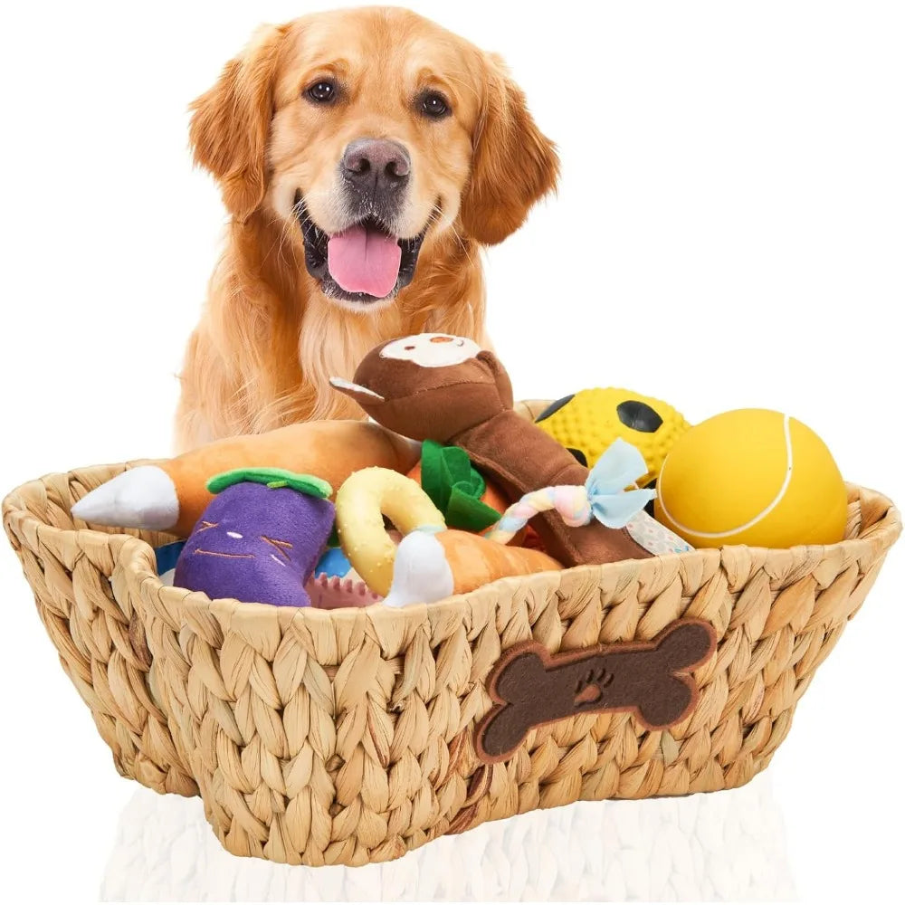 Wicker Basket for Pet Toys, 2 Pack Stylish and Natural Dog and Cat Toy Basket, Dog Storage Organizer with Bone Shape