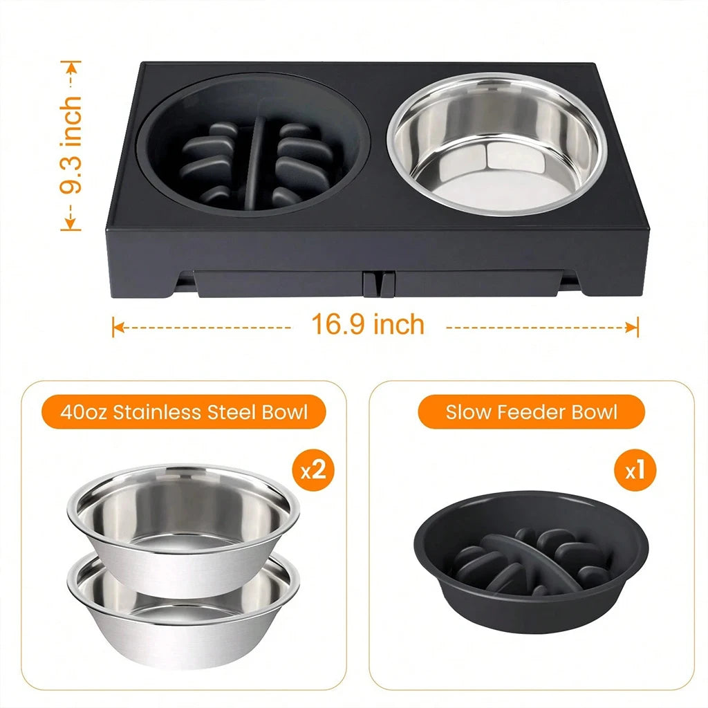 Adjustable Elevated Dog Feeder, 4‑Height Raised Dog Bowl Stand with Slow Feeder & Double Stainless Steel Food Water Bowls, Neck Joint Protection Ergonomic Pet Feeding Station for Small Medium Large Dogs