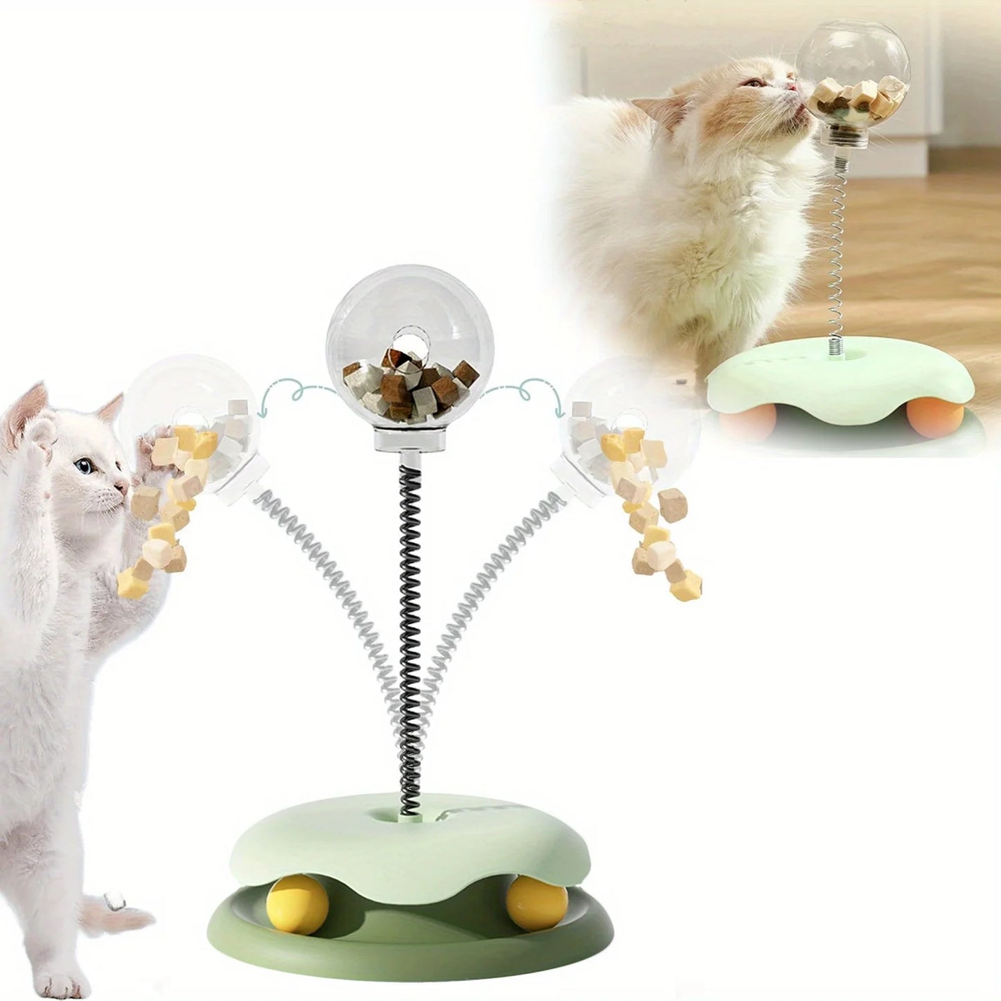 Turntable Cat Toy with Treat Dispensing Ball, 3-in-1 Self-Entertainment for Cats, Educational Slow-Feeding Toy Ball, Cat Teaser Wand Combined with Turntable, Spring Treat Dispensing Ball, Cat Pet Supplies