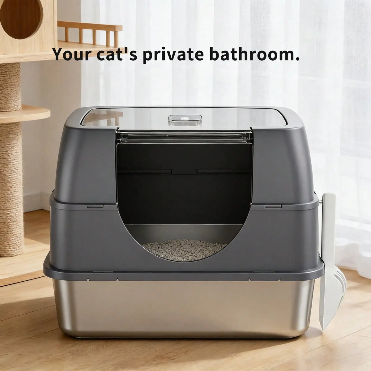 Large Stainless Steel Enclosed Cat Litter Box With Lid High Splash Proof Sided Metal Kitty Potty Front Entry Top Exit Dog Proof Odor Control Leak Resistant Easy Clean Complete Set With Litter Mat Litter Scoop & Filter Step Fo