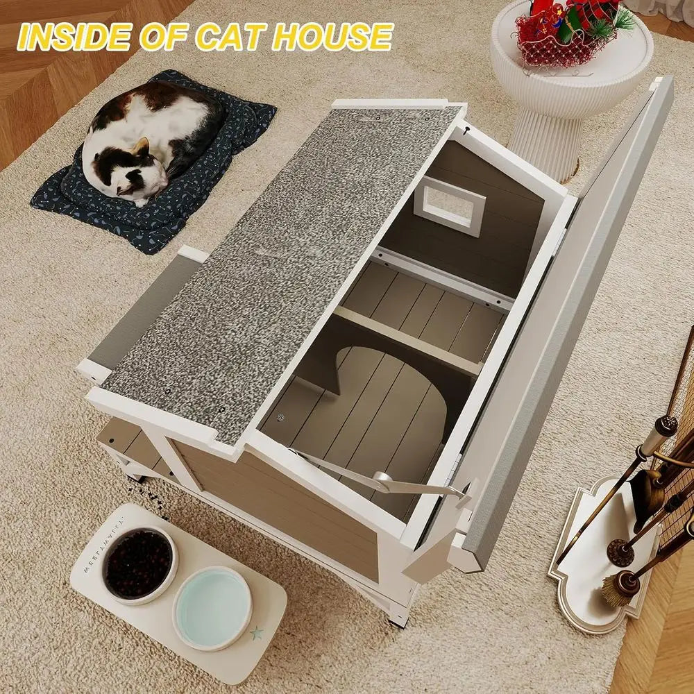 Outdoor Cat Shelter with Balcony, Weatherproof House for 1-3 Cats, Grey Wooden Enclosure with Elevated Base