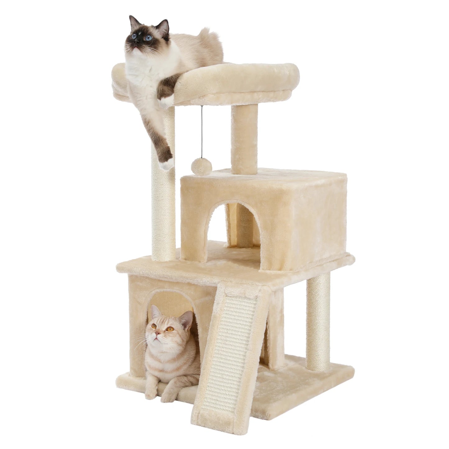 Wooden Cat Tower with Double Condos Spacious Perch Fully Wrapped Scratching Sisal Posts and Replaceable Dangling Balls