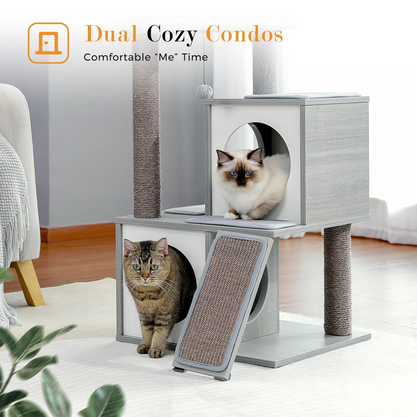 Wooden Cat Tower with Double Condos Spacious Perch Fully Wrapped Scratching Sisal Posts and Replaceable Dangling Balls
