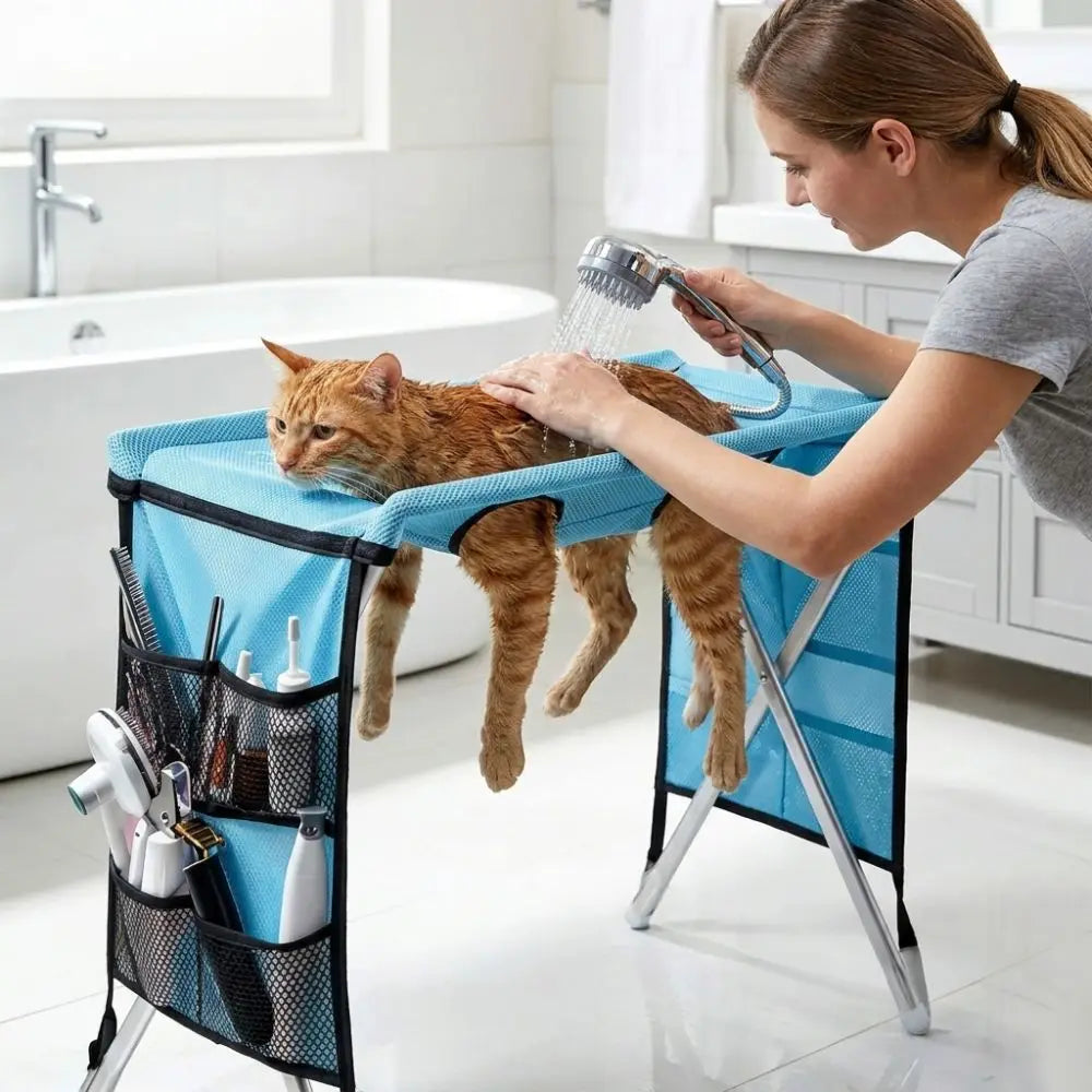 Folding Pet Grooming Hammock Anti-Scratch with Support Frame Pet Washing Station Sturdy Detachable Dog Grooming Table
