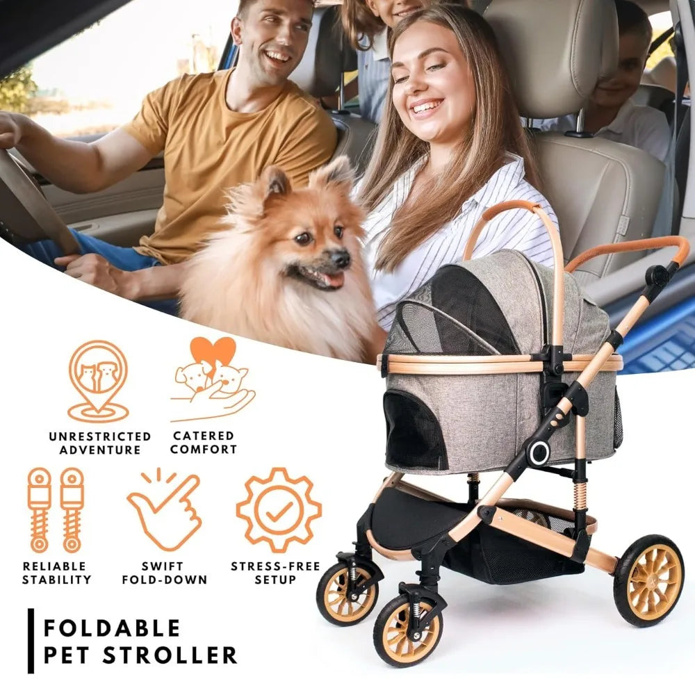 Pet Stroller with 4 Wheels, Foldable Pet Travel Carrier for Small/Medium Dogs Cats up to 50lbs, Detachable Portable Pet Bag, Sto