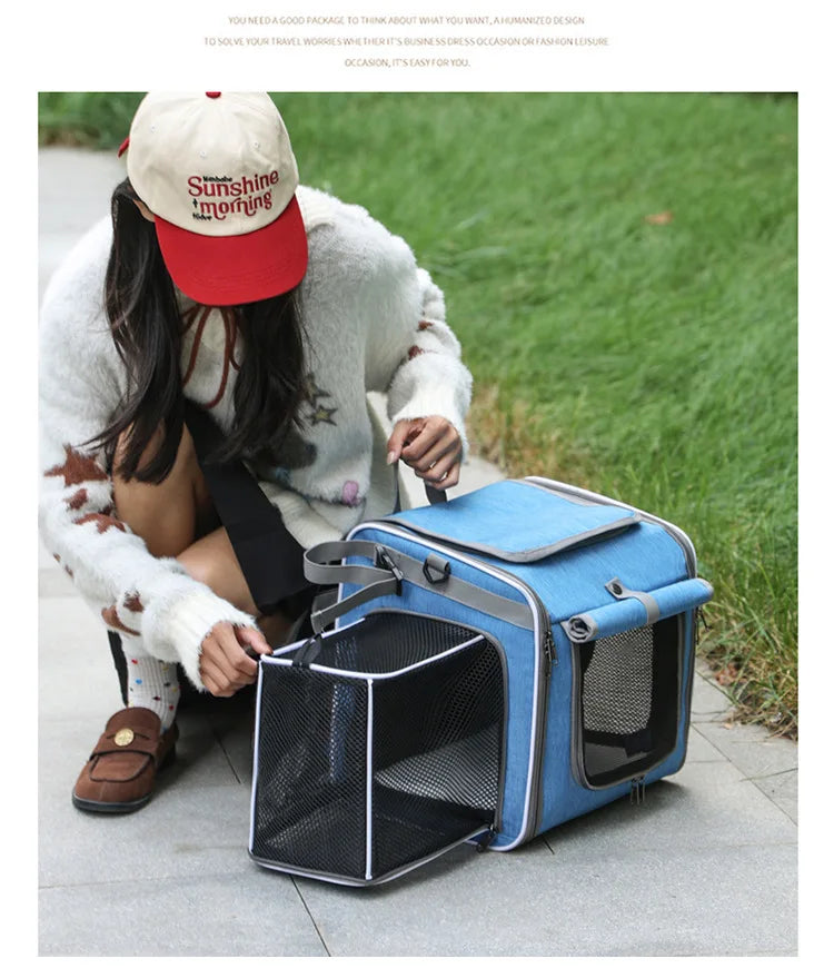Dog or Cat Bike Basket Expandable Foldable Soft Sided Pet Carrier Backpack with 4 Open Doors, Foldable Dog Cat Bike Carrier