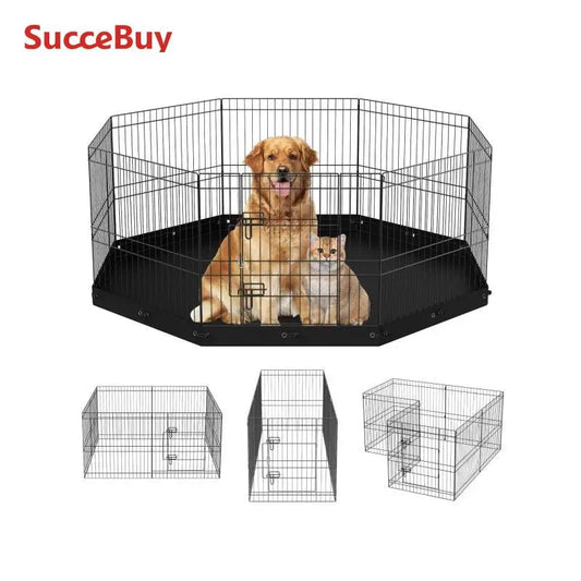 SucceBuy Dog Playpen 8 Panels Foldable Metal Dog Exercise Pet Fence with Bottom Pad Cover for Puppy Outdoor Camping Yard Kennel