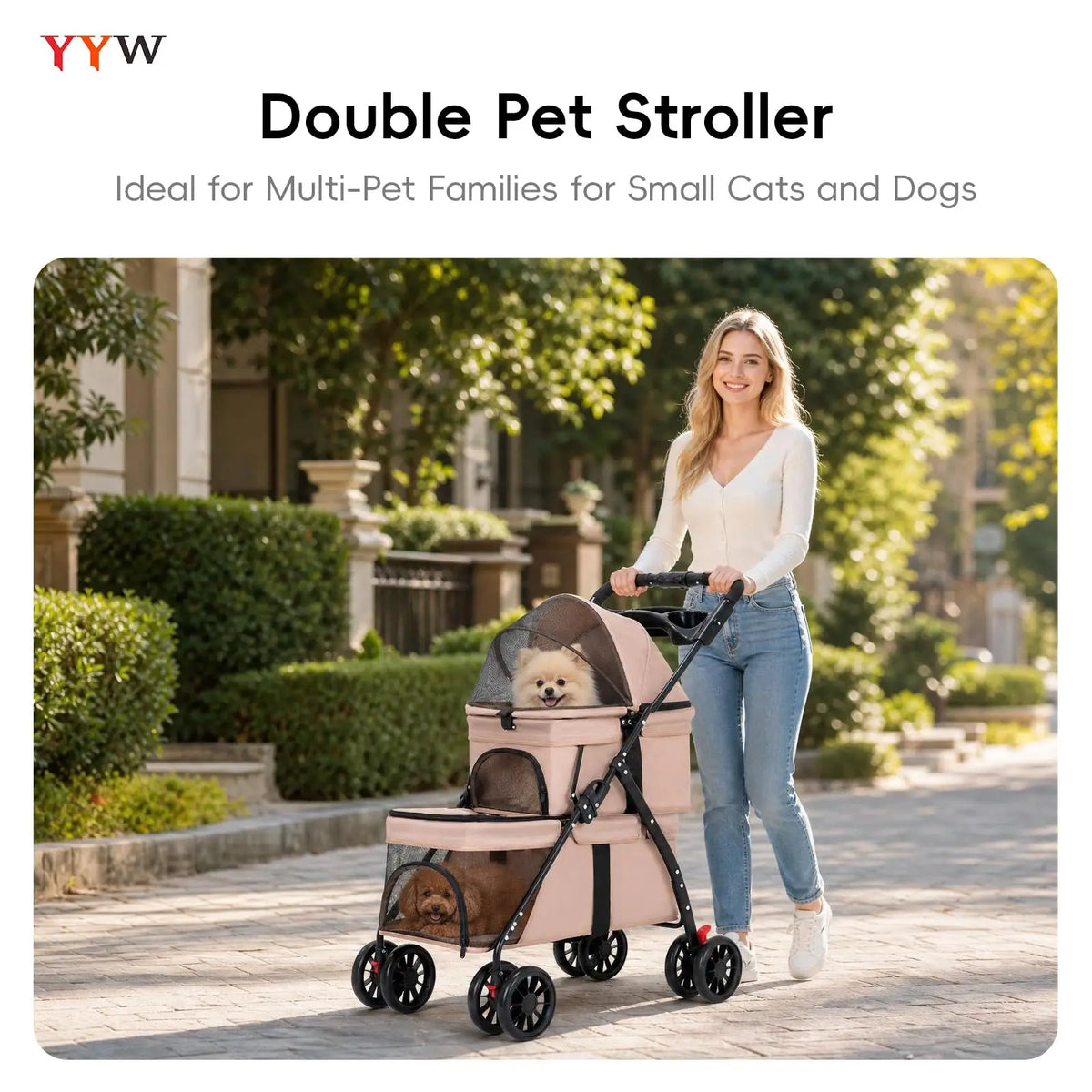 Foldable Double Decker Pet Stroller 4 Wheels Breathable Mesh Puppy Cat Travel Stroller for Multi-Pet Families Outdoor Walking