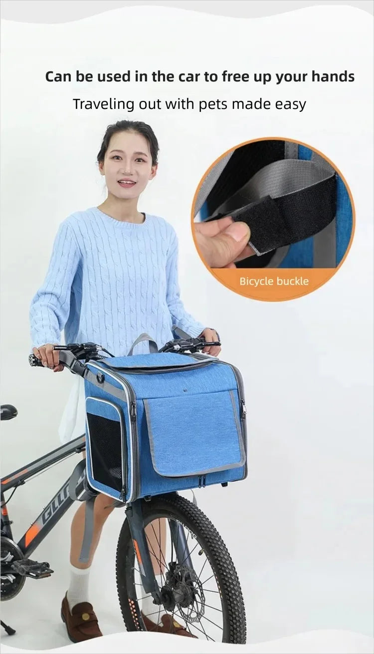Dog or Cat Bike Basket Expandable Foldable Soft Sided Pet Carrier Backpack with 4 Open Doors, Foldable Dog Cat Bike Carrier