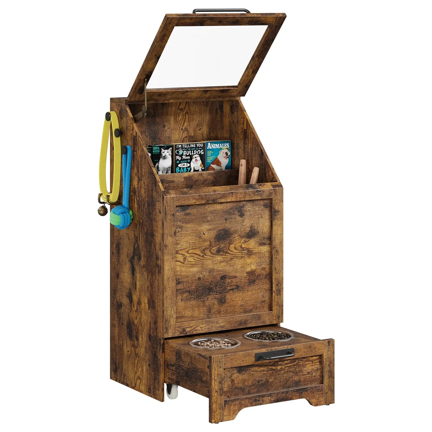 Large Dog Food Storage Cabinet with Flip Top - Pet Feeding Station & Organizer w/Transparent Lid, Side Hooks for Leashes - Multi