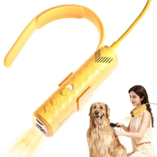 Pet Dog Dryer for Grooming Yellow Neck-Hanging Hair Dryer with Alternating Hot and Cold Airflow Handheld and Hands-Free Low-Noi
