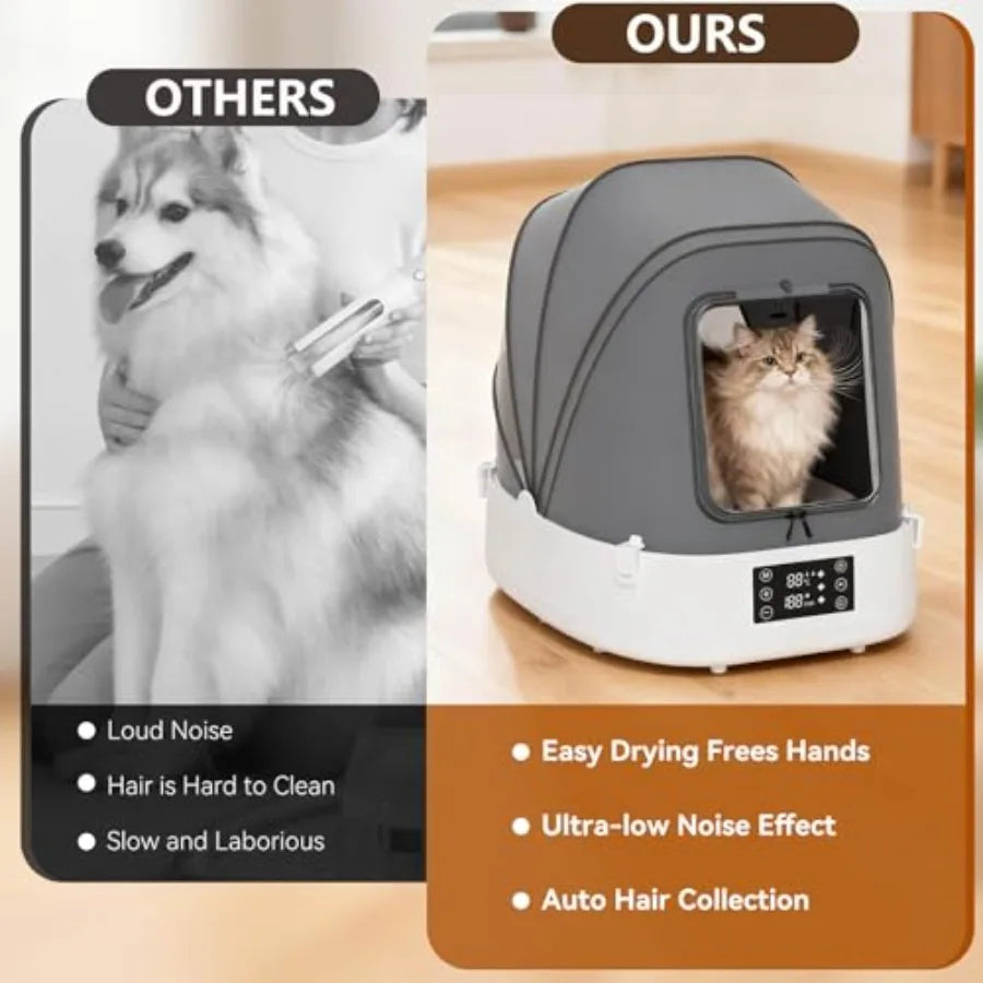 Automatic Pet Dryer Box with 86CFM Dual Fans 60L Foldable Design 360 Quiet Airflow Temperature/Time Control Grooming Hair Blowe