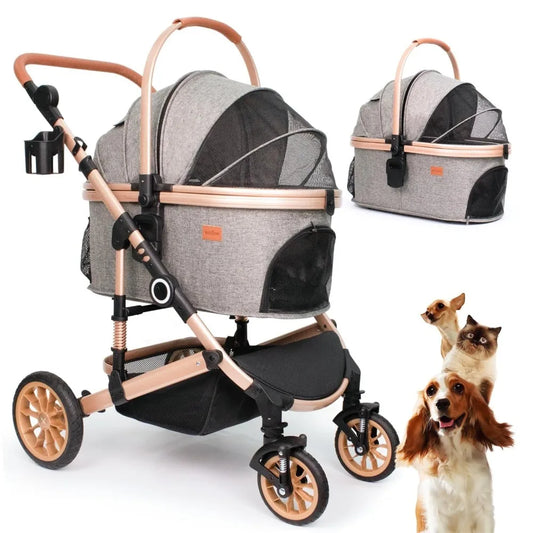 Pet Stroller with 4 Wheels, Foldable Pet Travel Carrier for Small/Medium Dogs Cats up to 50lbs, Detachable Portable Pet Bag, Sto