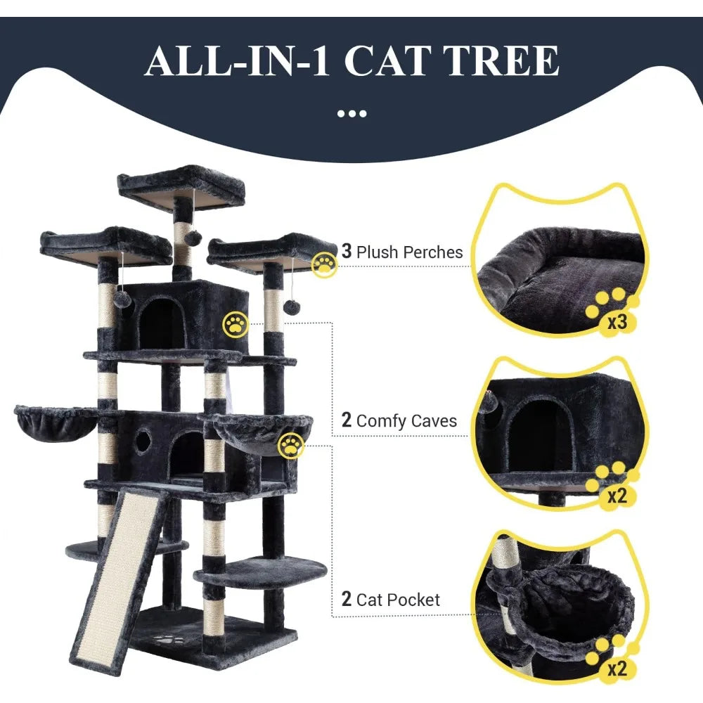 Allewie 68 Inches Cat Tree/House and Towers for Big Feline/Scratching Post/Multi-Level Large Kitty Climbing Tree with Condo/Smok