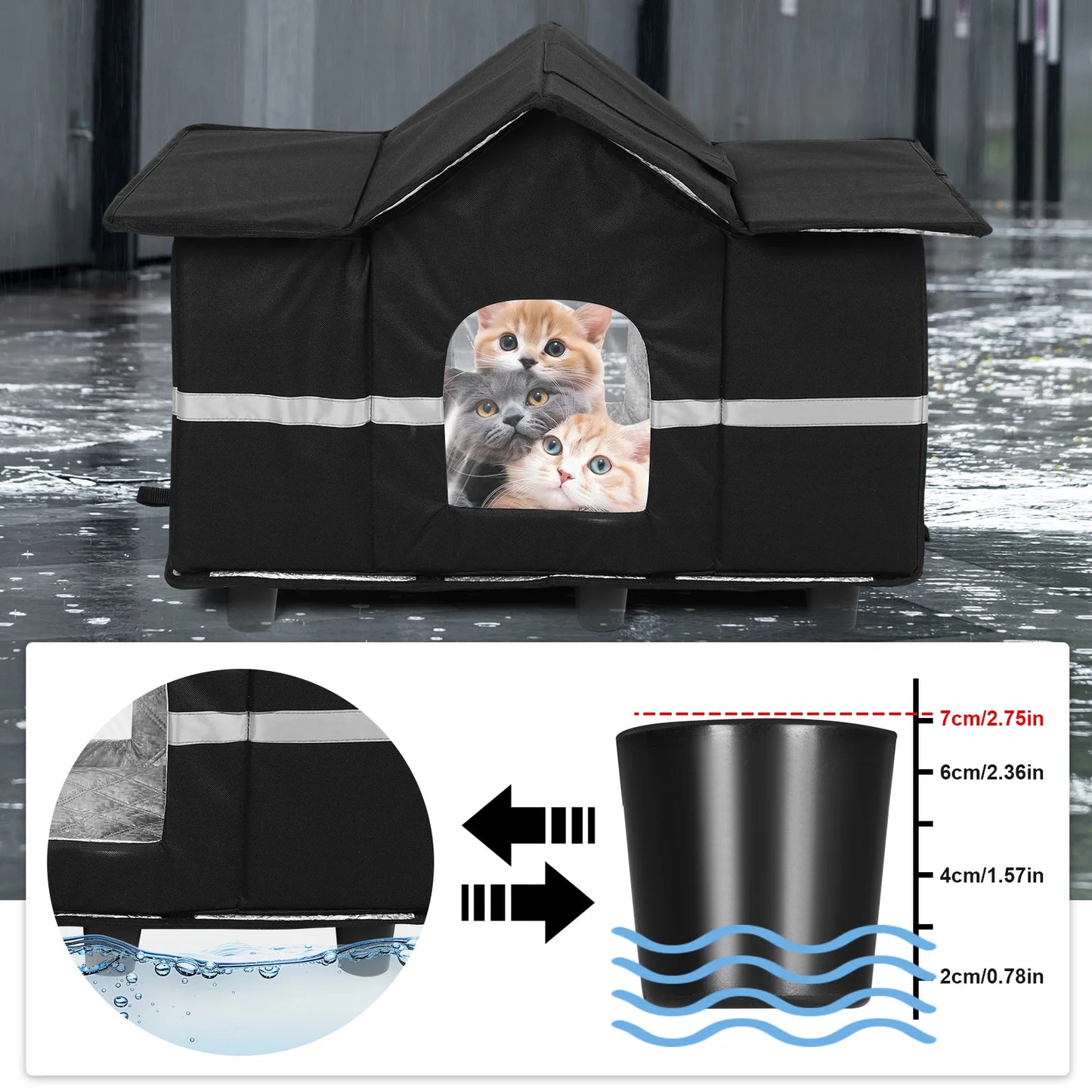 Waterproof Outdoor Large Cat Shelter & Roof Window Elevated Pet House Feral Cat House for Stray/Barn Cats with Cozy Cushion