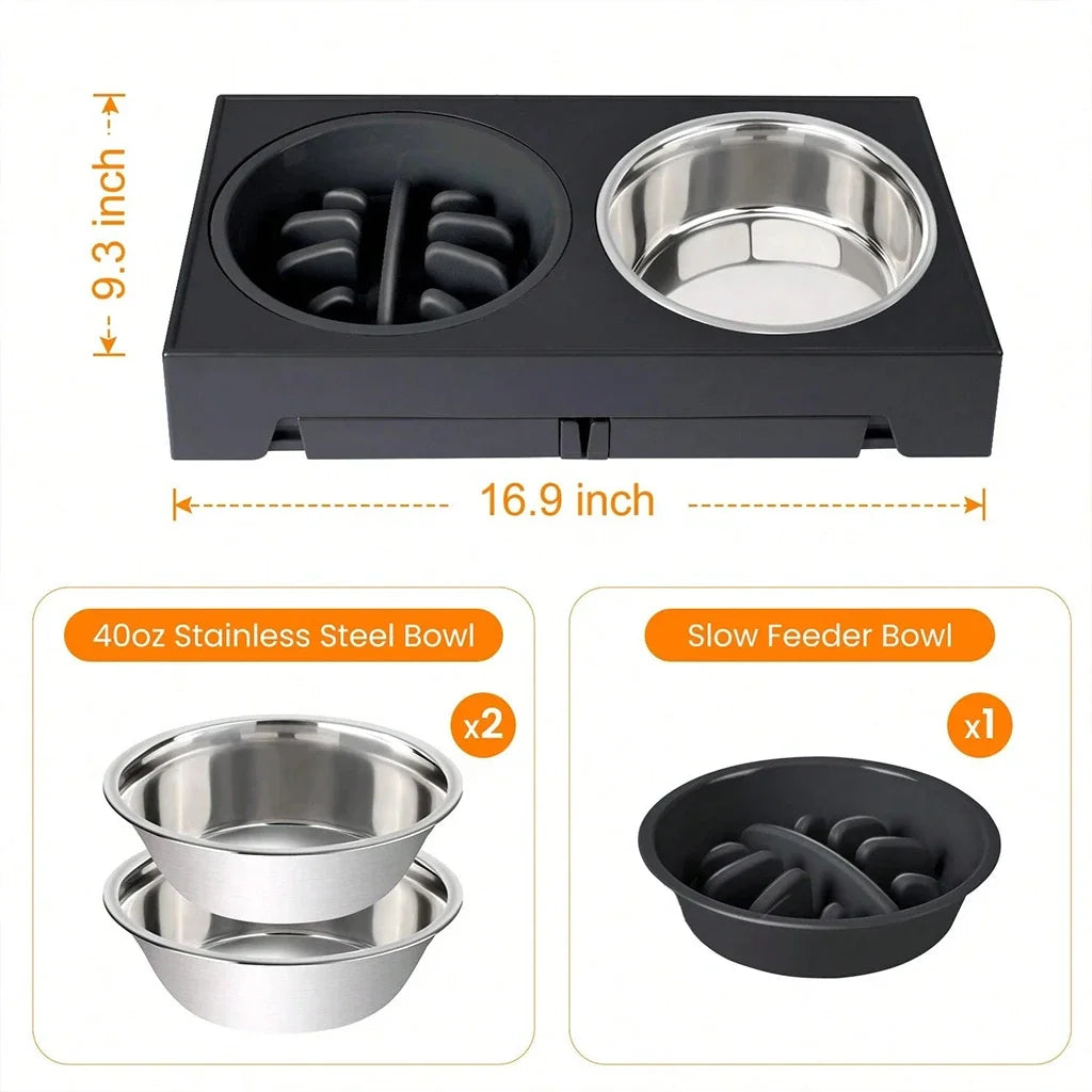 Adjustable Elevated Dog Feeder, 4‑Height Raised Dog Bowl Stand with Slow Feeder & Double Stainless Steel Food Water Bowls, Neck Joint Protection Ergonomic Pet Feeding Station for Small Medium Large Dogs