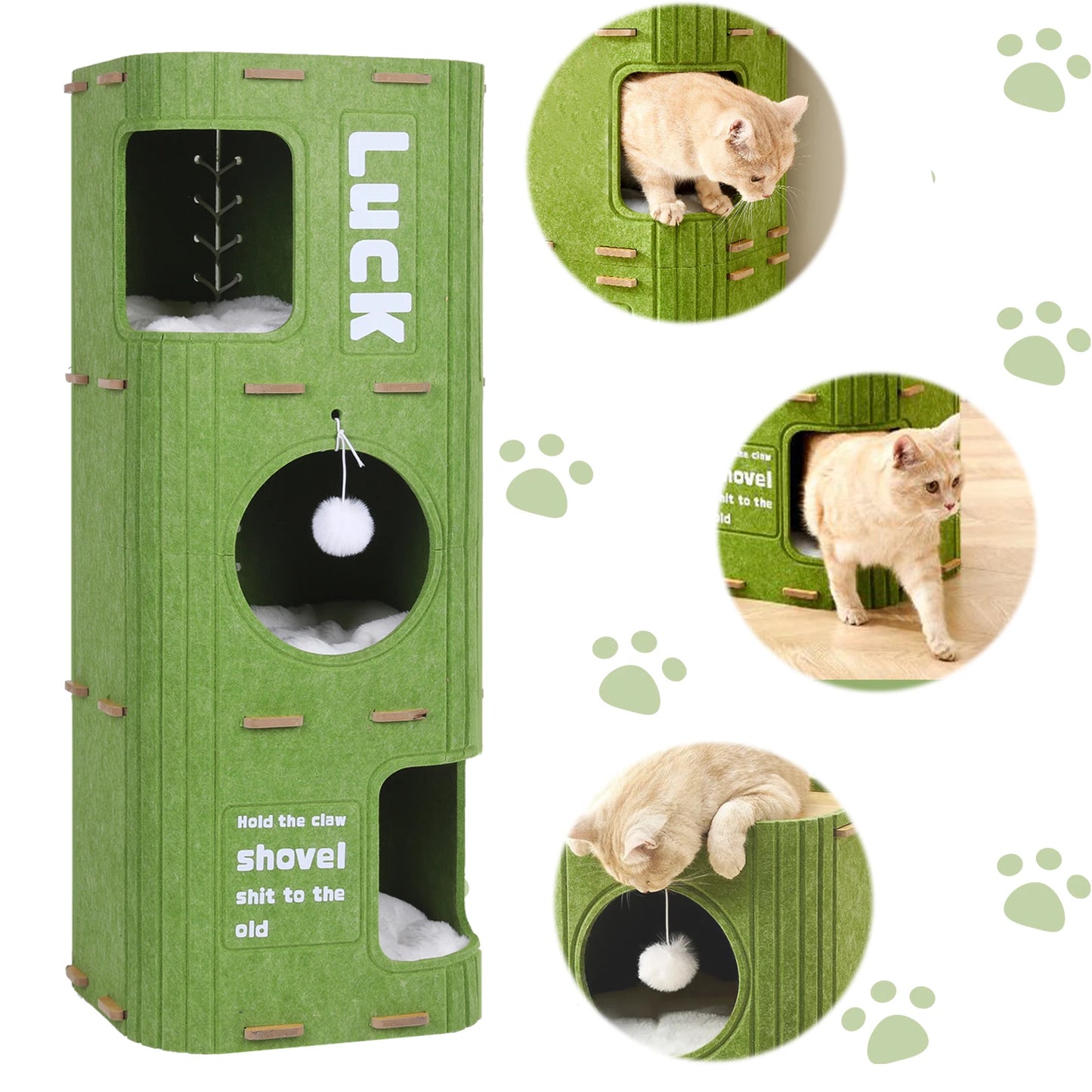 3-Tier Green Felt Cat Bed Multifunction Integrated Felt Cat Cave Creative Cat Bucket for Multi-Cat Family Pet Entertain Nest