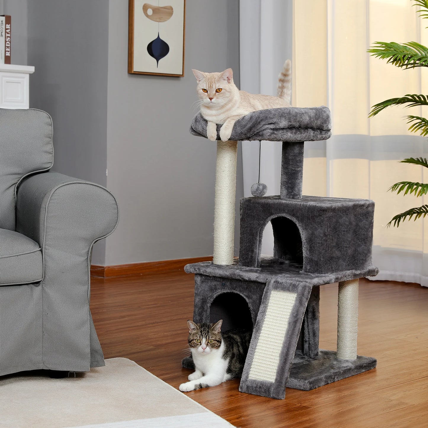 Wooden Cat Tower with Double Condos Spacious Perch Fully Wrapped Scratching Sisal Posts and Replaceable Dangling Balls