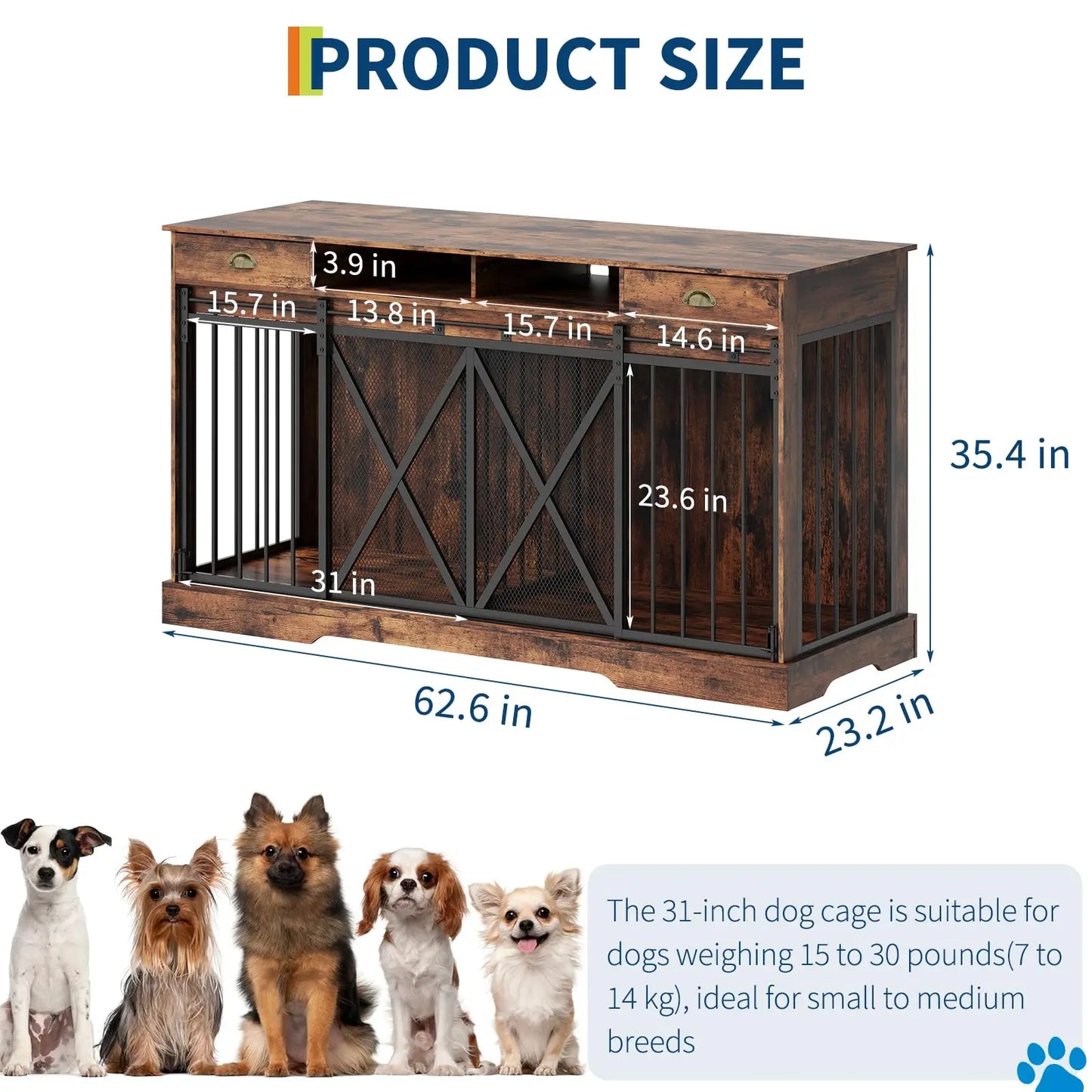 63" Extra Large Double Dog Crate Furniture TV Stand With Removable Divider Sliding Doors Wooden Pet Kennel Indoor Dog House