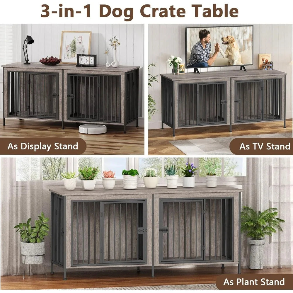 78 Inch Dog Cage Furniture for 2 Pets with Divider, XXL Wooden Double Dog Crate Furniture TV Stand for Mideum and Large Breed,