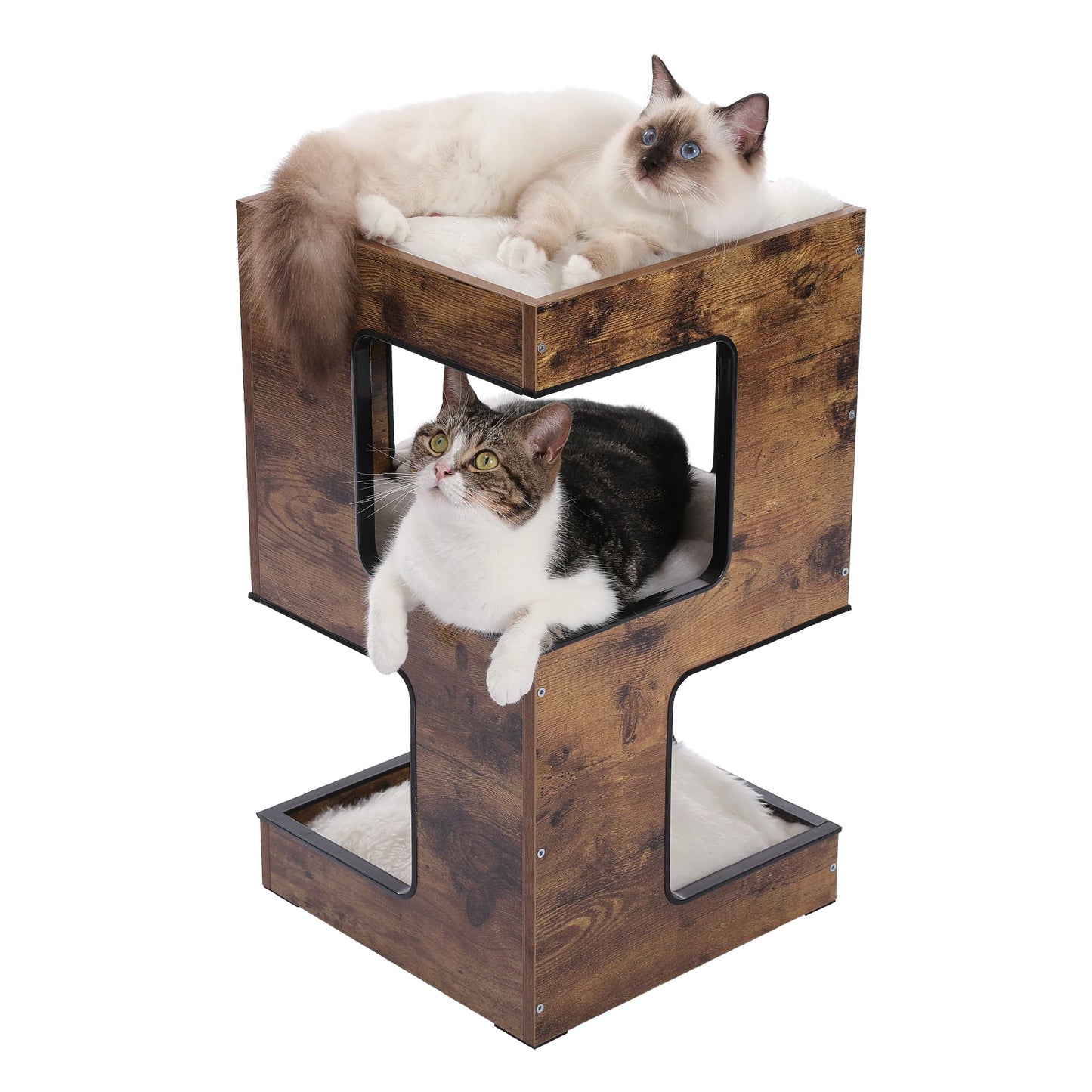 Wood Cat Condo House Bed with Removable Soft Mats Modern Cat Tree Tower with Scratching Pad Cat Scratcher Furniture Kitten Toys