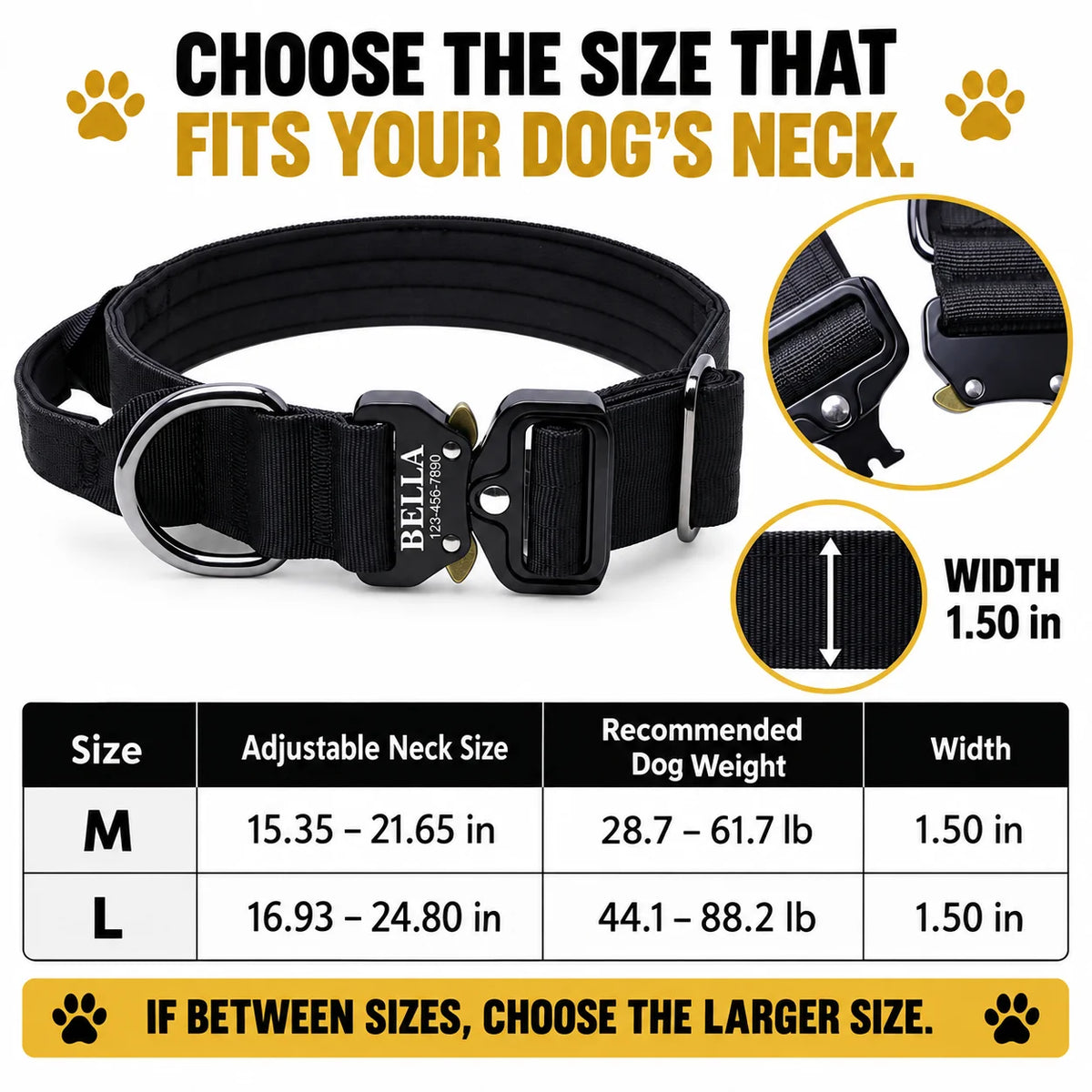 Laser Lettering Tactical Dog Collar, Support Name and Phone Customization, Nylon Material Is Suitable for Medium and Large Dogs