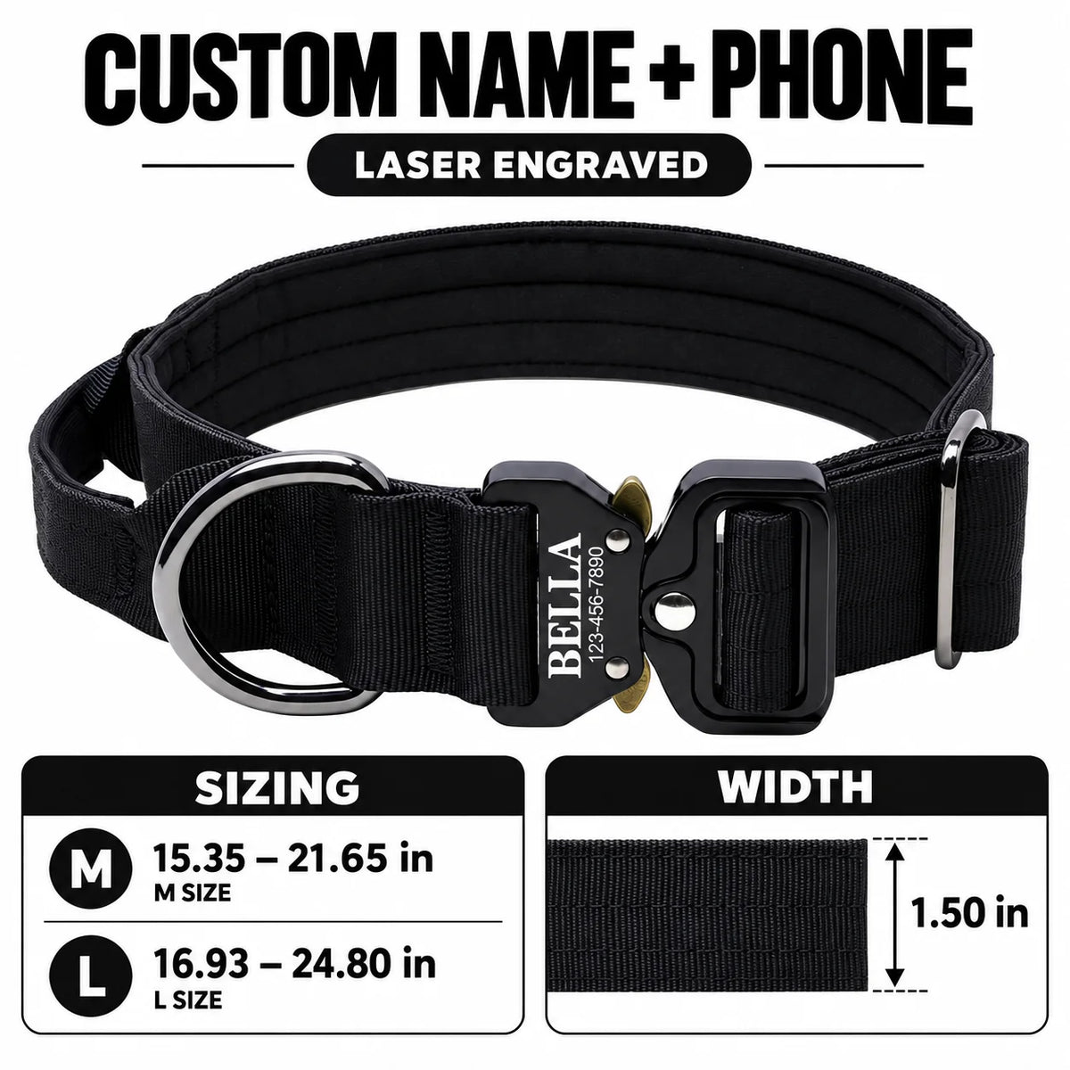 Laser Lettering Tactical Dog Collar, Support Name and Phone Customization, Nylon Material Is Suitable for Medium and Large Dogs
