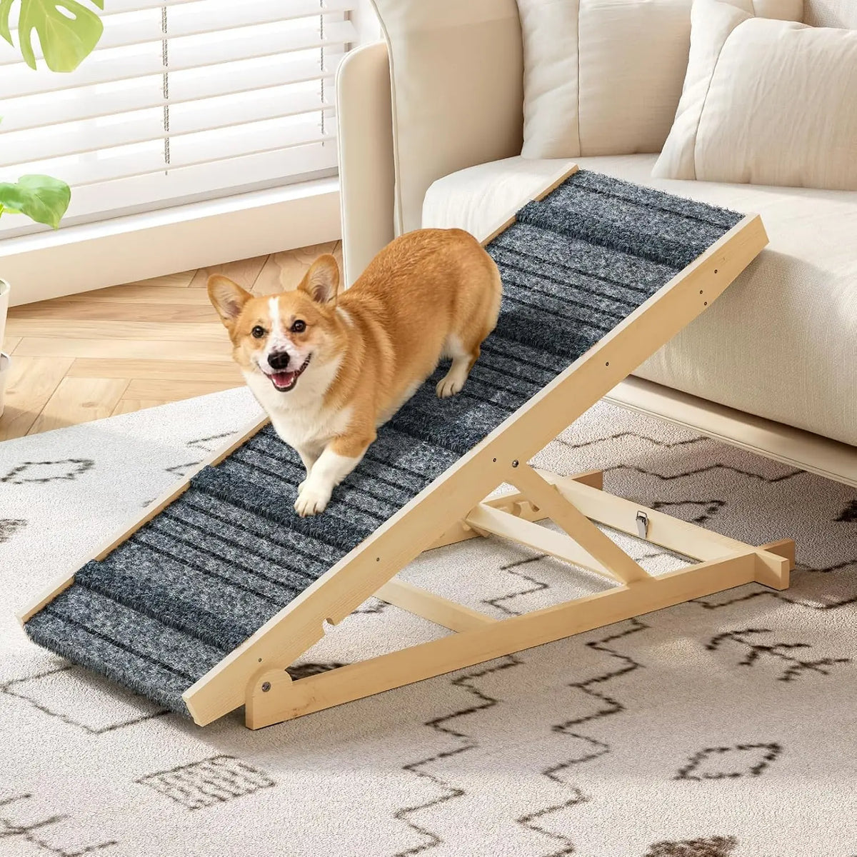 7-Height Adjustable Dog Ramp for Bed, Solid Wood Folding Pet Ramp with Anti-Slip Carpet Surface, No Assembly, Supports 150 lbs