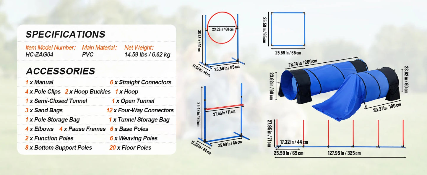 SucceBuy Dog Agility Training Equipment 4 PCS Set with Adjustable High Hurdles 6 Weave PolesJump Ring Square Pause Box Whistle
