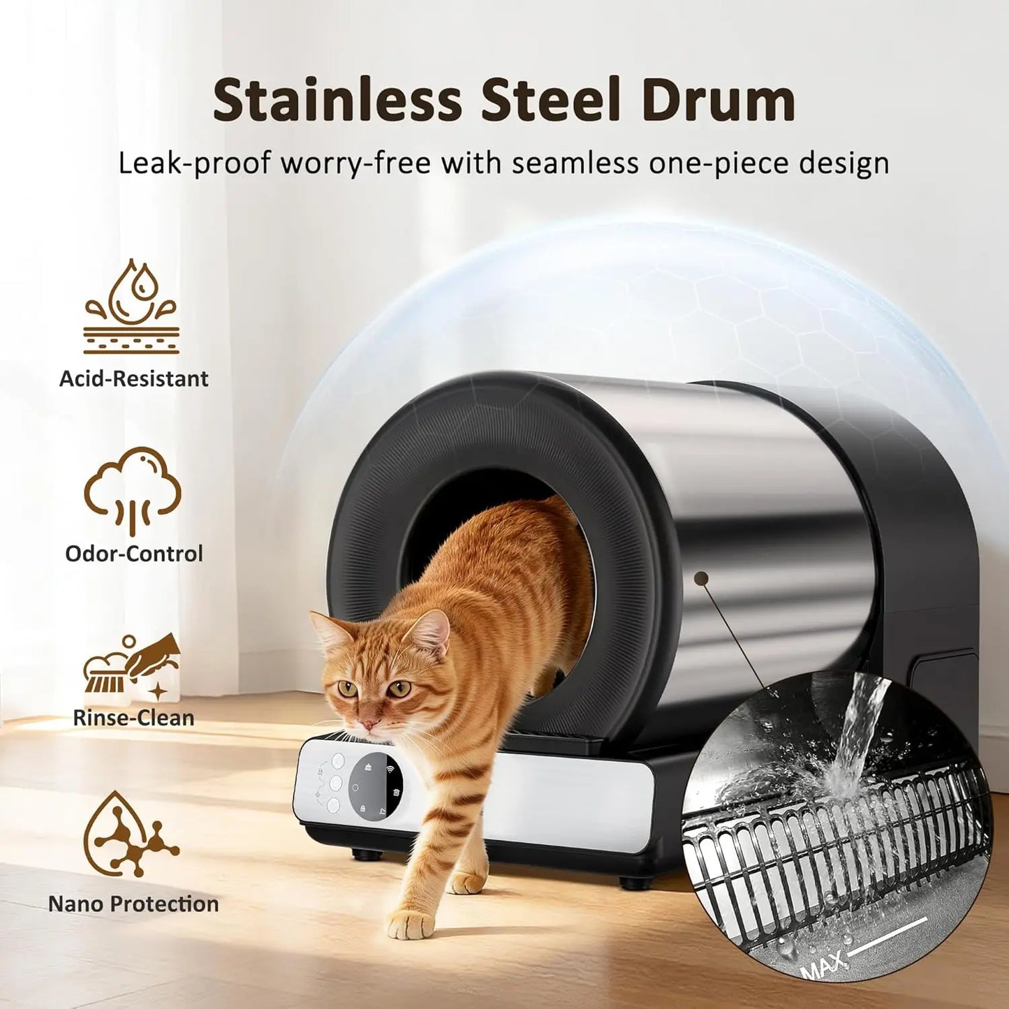 Self Cleaning Automatic Litter Box, Stainless Steel, App Health Monitoring, Odor Control & Safety Sensors for Multi Cat, Custom