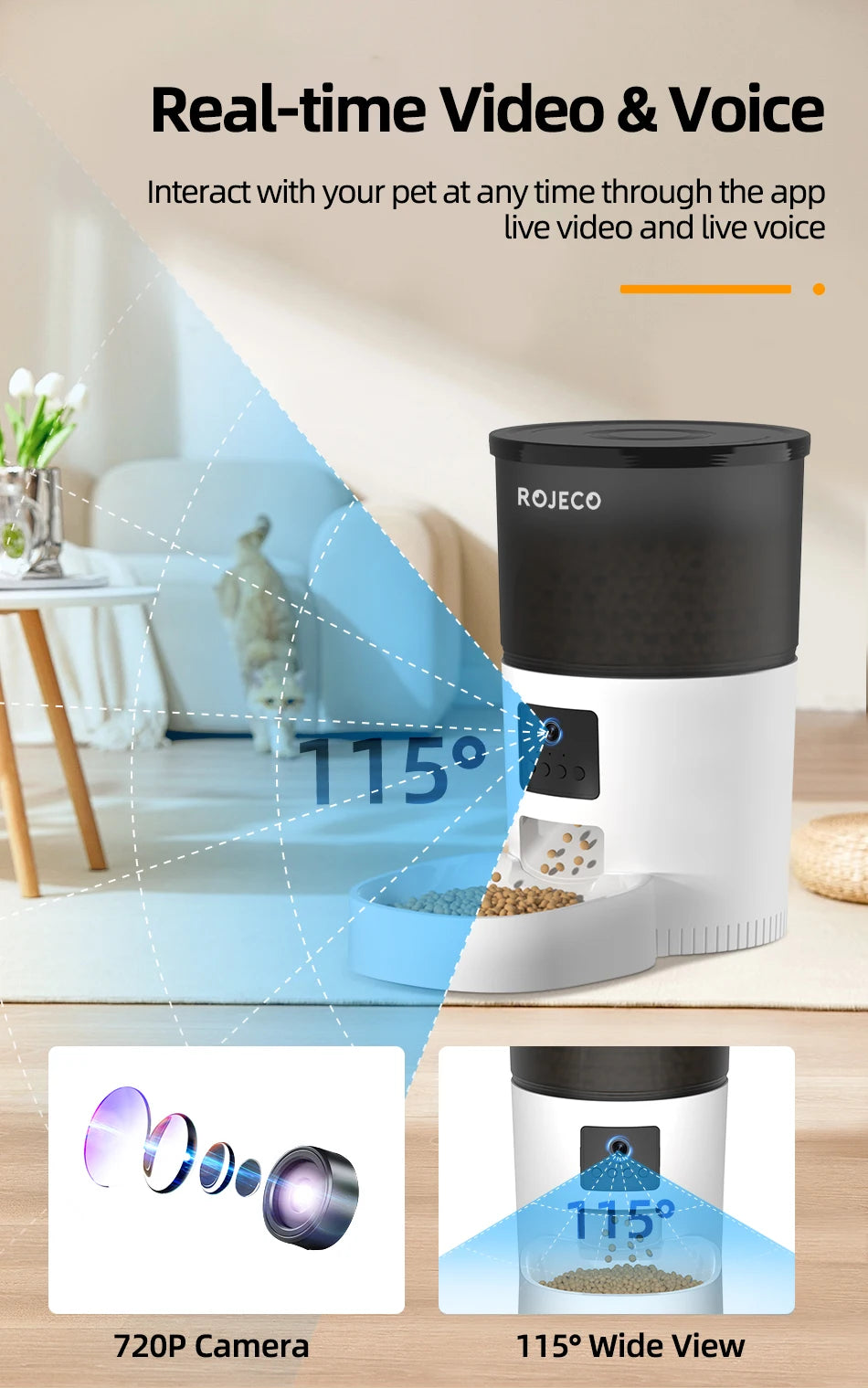 ROJECO 3L Automatic Dog Feeder With Camera Smart Pet Food Dispenser For Dogs WIFI Remote Food Feeding with Stainless Steel Bowl