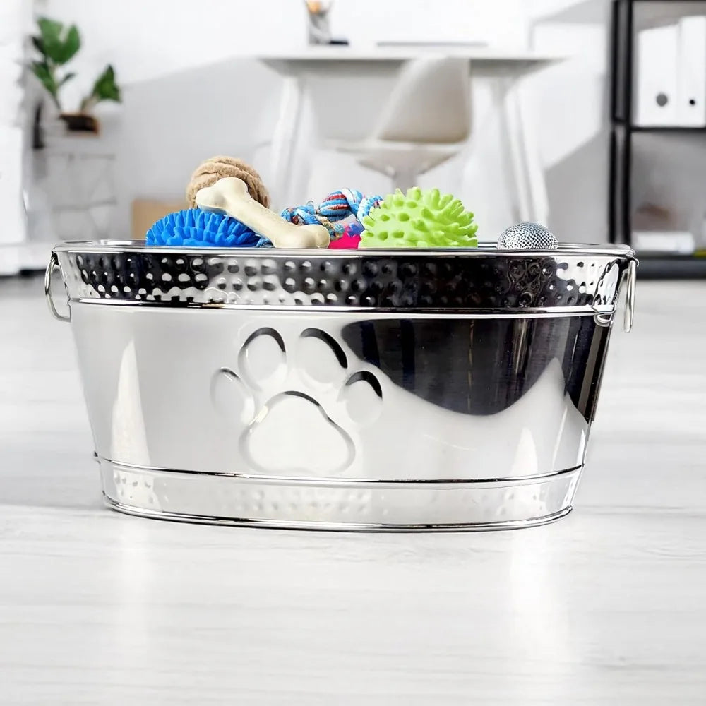 Metal Indestructible Dog Toy Bin - Steel Dog Toy Basket with Handles, Pet Toy Box, Oval for Blankets, Leashes, & Toys for Aggres