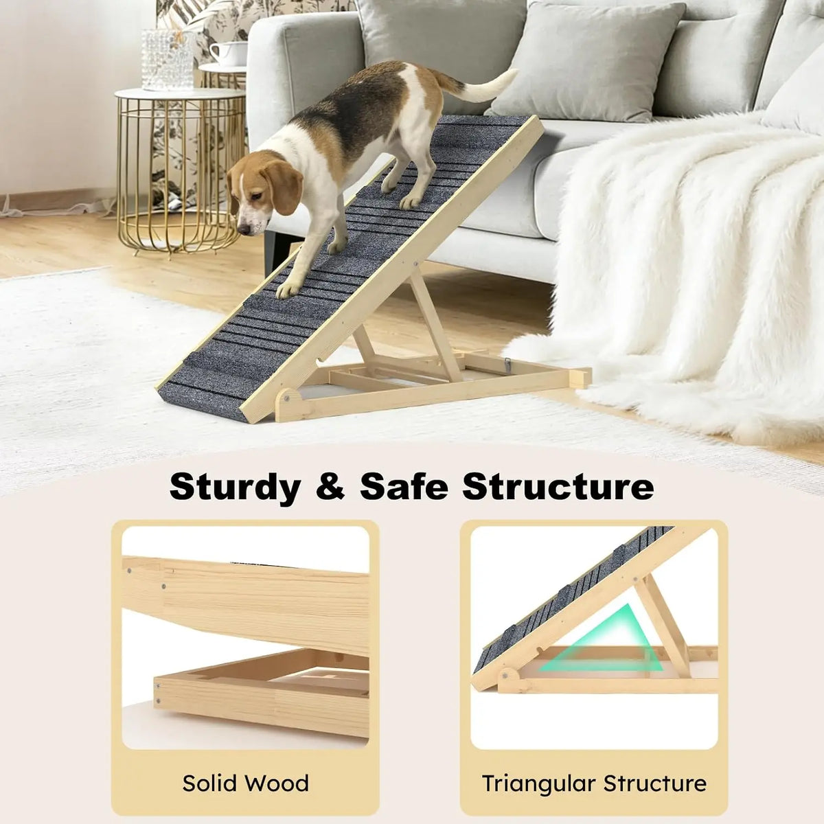 7-Height Adjustable Dog Ramp for Bed, Solid Wood Folding Pet Ramp with Anti-Slip Carpet Surface, No Assembly, Supports 150 lbs