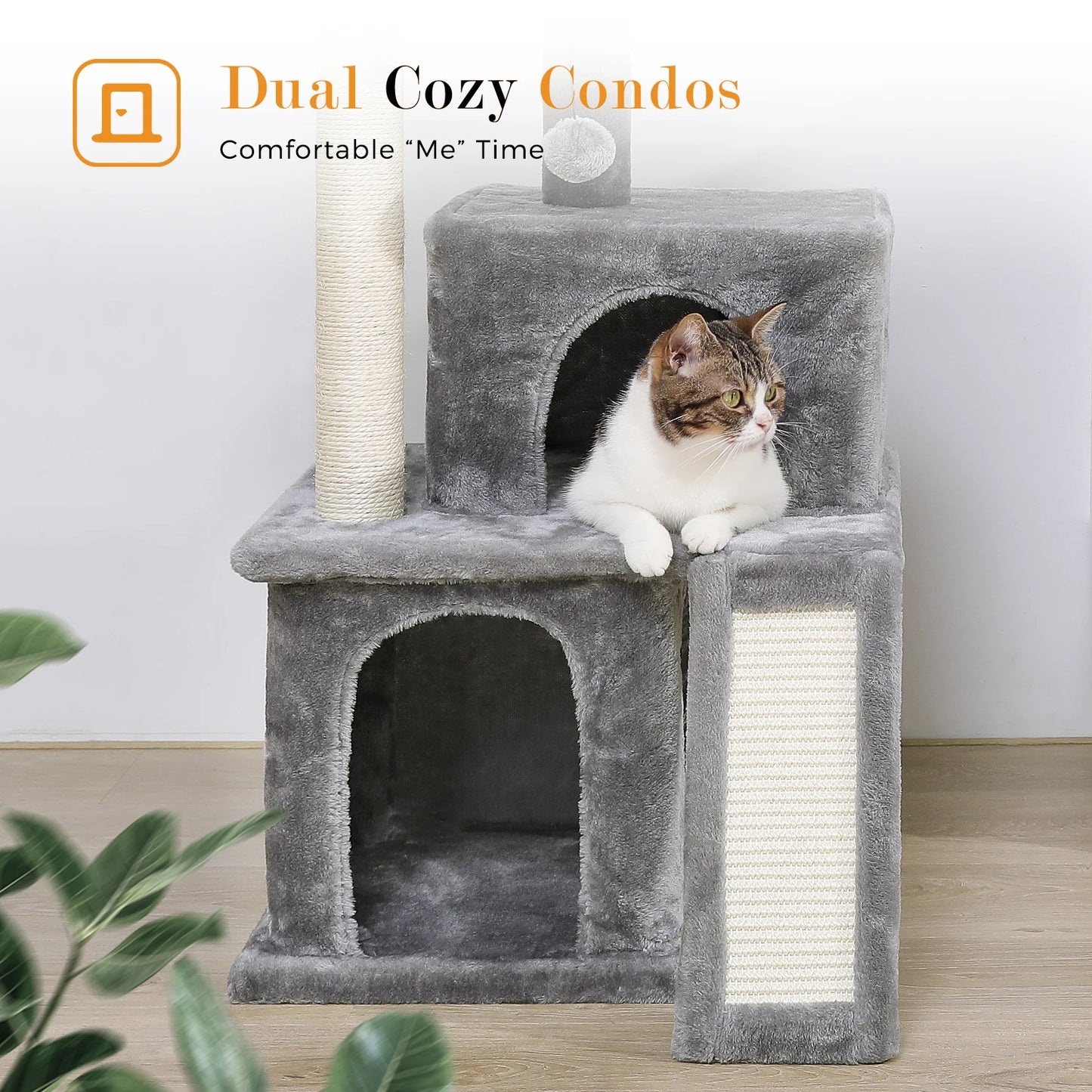 Wooden Cat Tower with Double Condos Spacious Perch Fully Wrapped Scratching Sisal Posts and Replaceable Dangling Balls