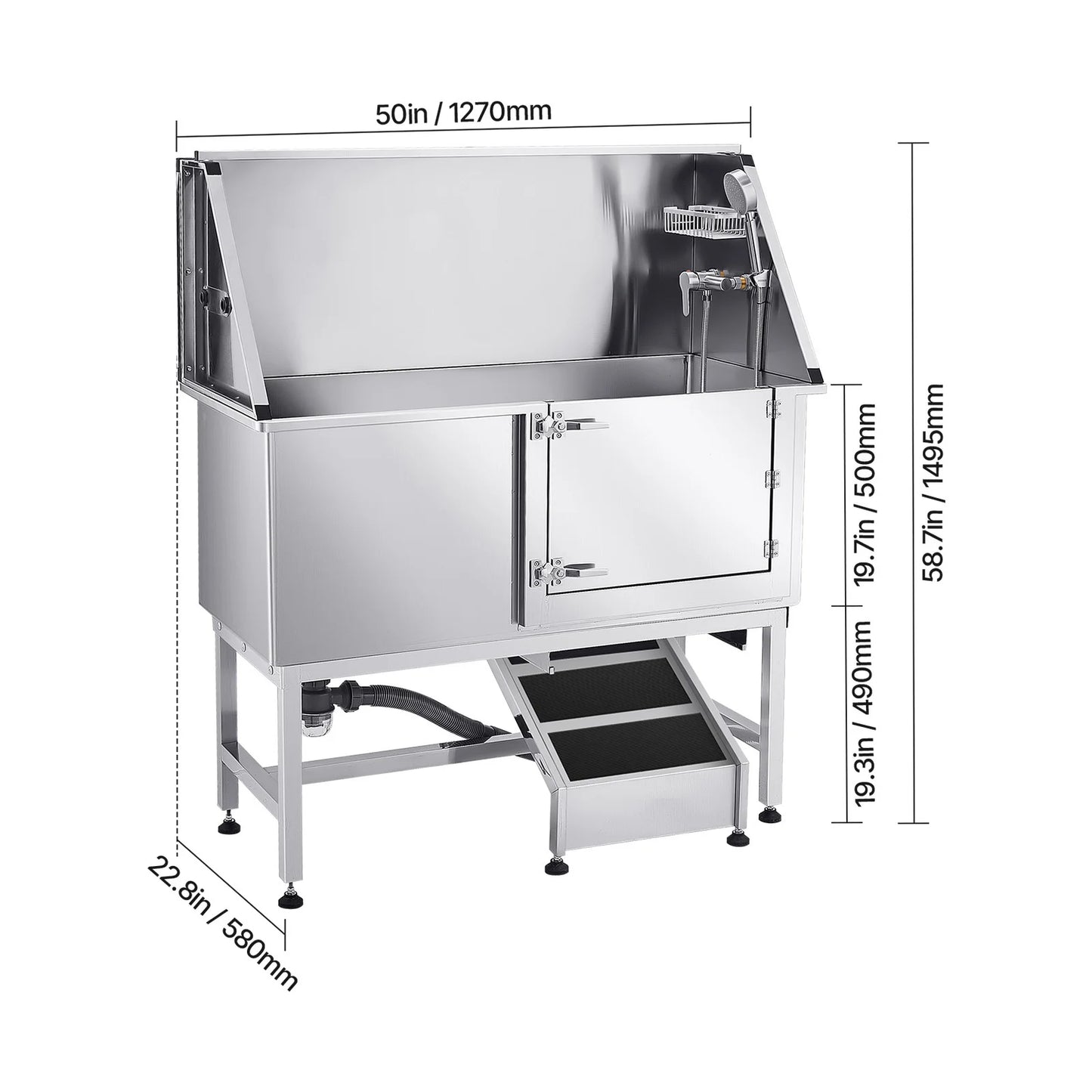 SucceBuy Stainless Steel Station 50 inch Pet Tub w/ PE WaterFaucet & Showerhead & Soap Bathtub to Large & Medium & Small Pets