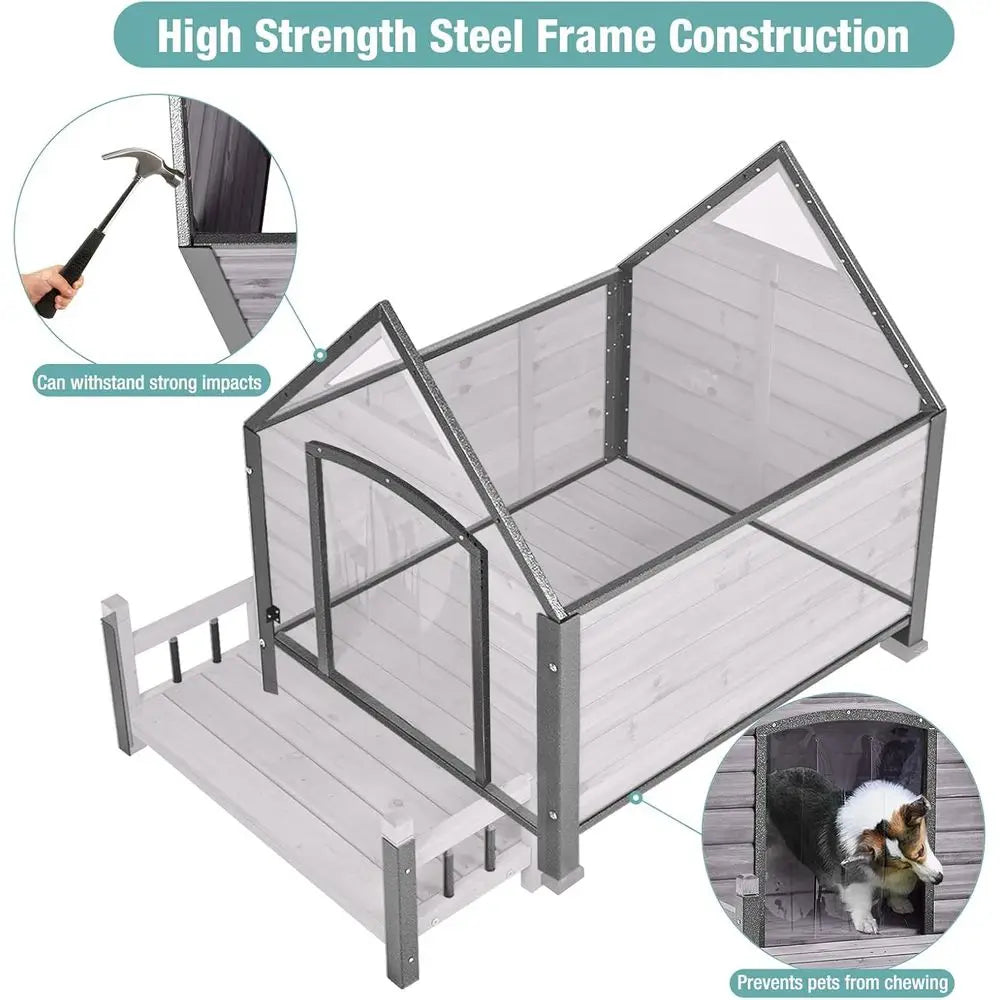 Dog House or Outdoor/Indoor, Weatherproo Outdoor Kennel or Large Dogs, Chew-Resistant Iron e & Asphalt Roo (Grey, L)