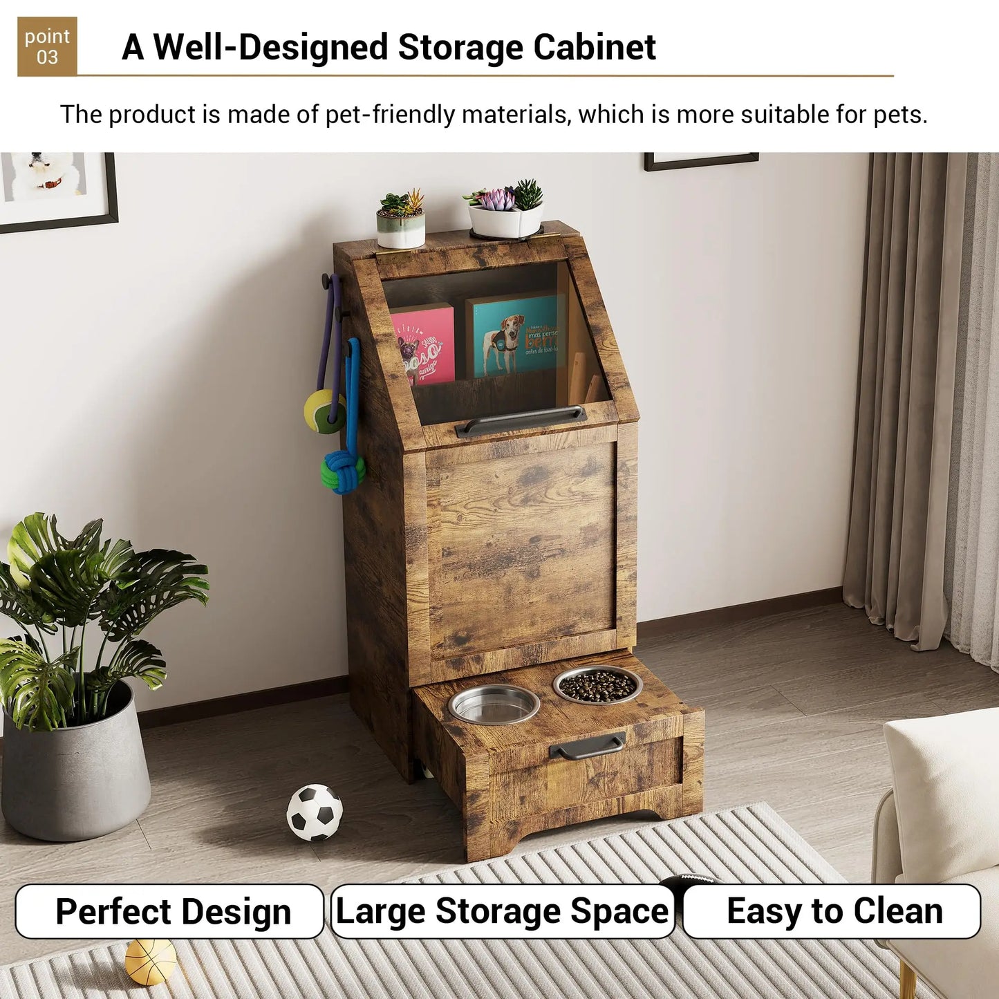 Large Dog Food Storage Cabinet with Flip Top - Pet Feeding Station & Organizer w/Transparent Lid, Side Hooks for Leashes - Multi