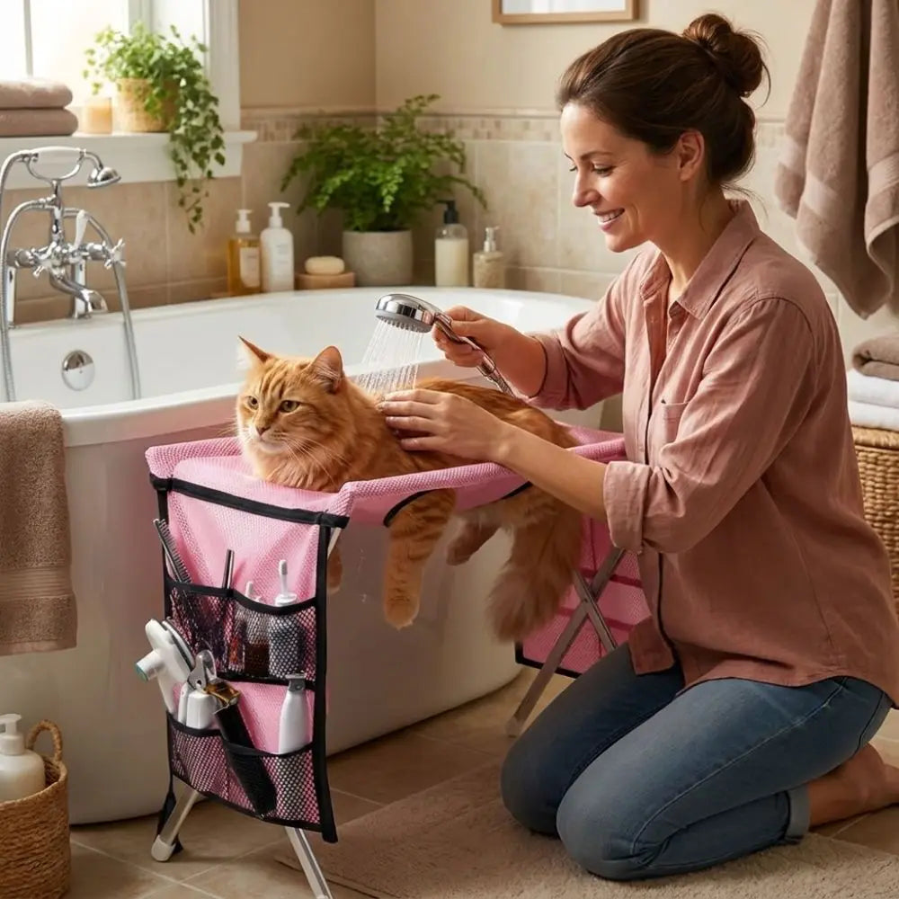 Folding Pet Grooming Hammock Anti-Scratch with Support Frame Pet Washing Station Sturdy Detachable Dog Grooming Table