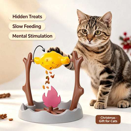 Campfire BBQ Interactive Cat Toy, Rolling Treat Dispenser Food Leak Chew Puzzle Toy for Kittens & Cats Pet Christmas Holiday Gift