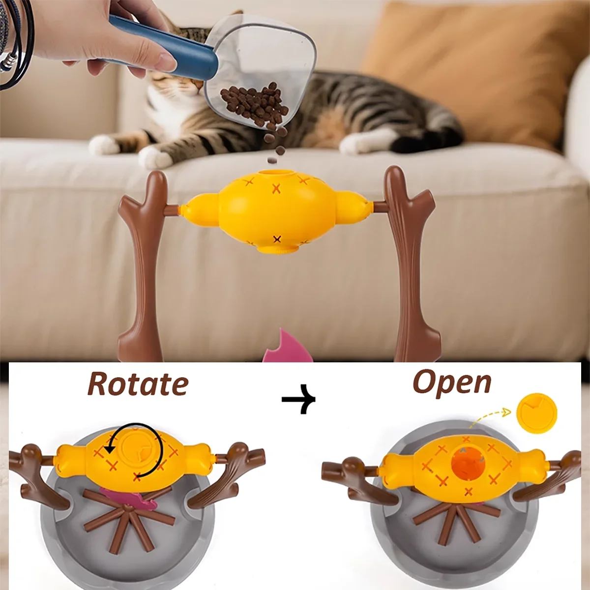 Campfire BBQ Interactive Cat Toy, Rolling Treat Dispenser Food Leak Chew Puzzle Toy for Kittens & Cats Pet Christmas Holiday Gift