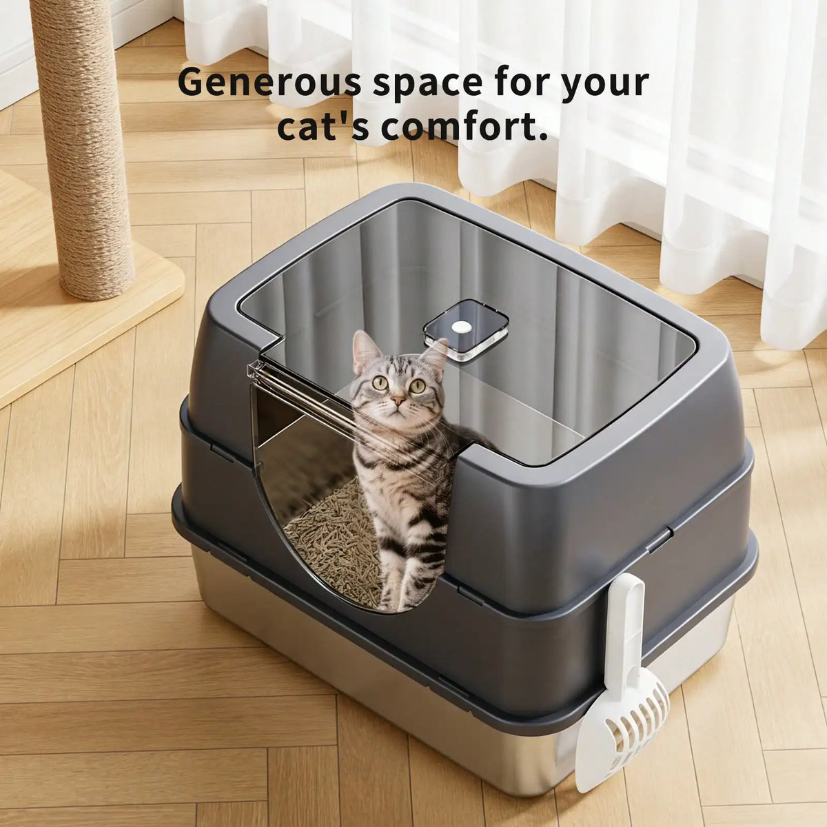 Large Stainless Steel Enclosed Cat Litter Box With Lid High Splash Proof Sided Metal Kitty Potty Front Entry Top Exit Dog Proof Odor Control Leak Resistant Easy Clean Complete Set With Litter Mat Litter Scoop & Filter Step Fo