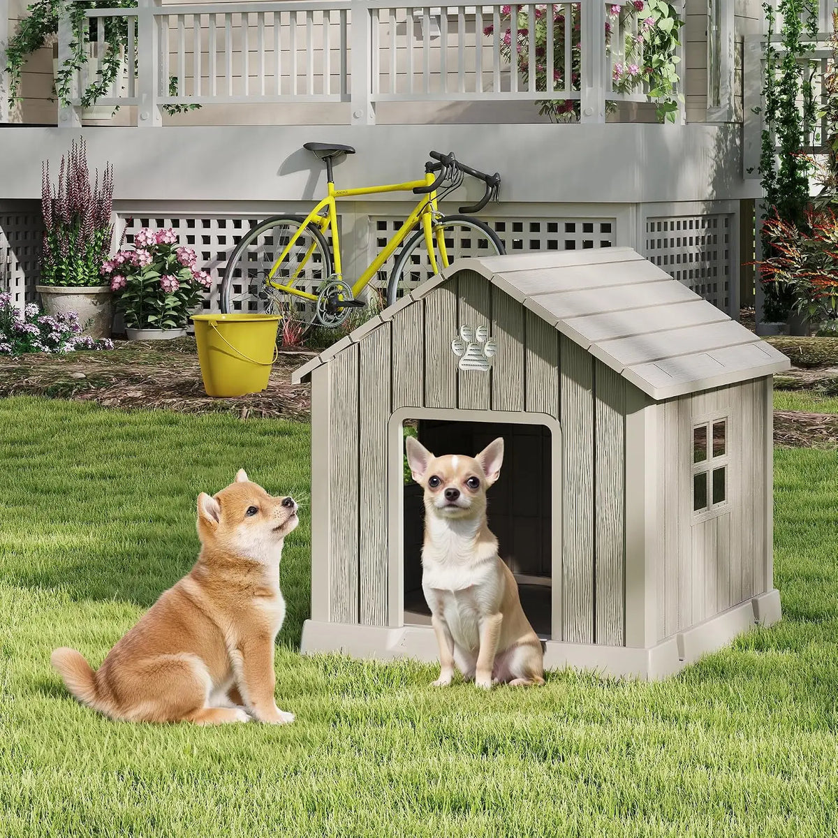Dog House with Window, Waterproof, Elevated Floor, Easy to Clean, for Small Medium Dogs, Grey